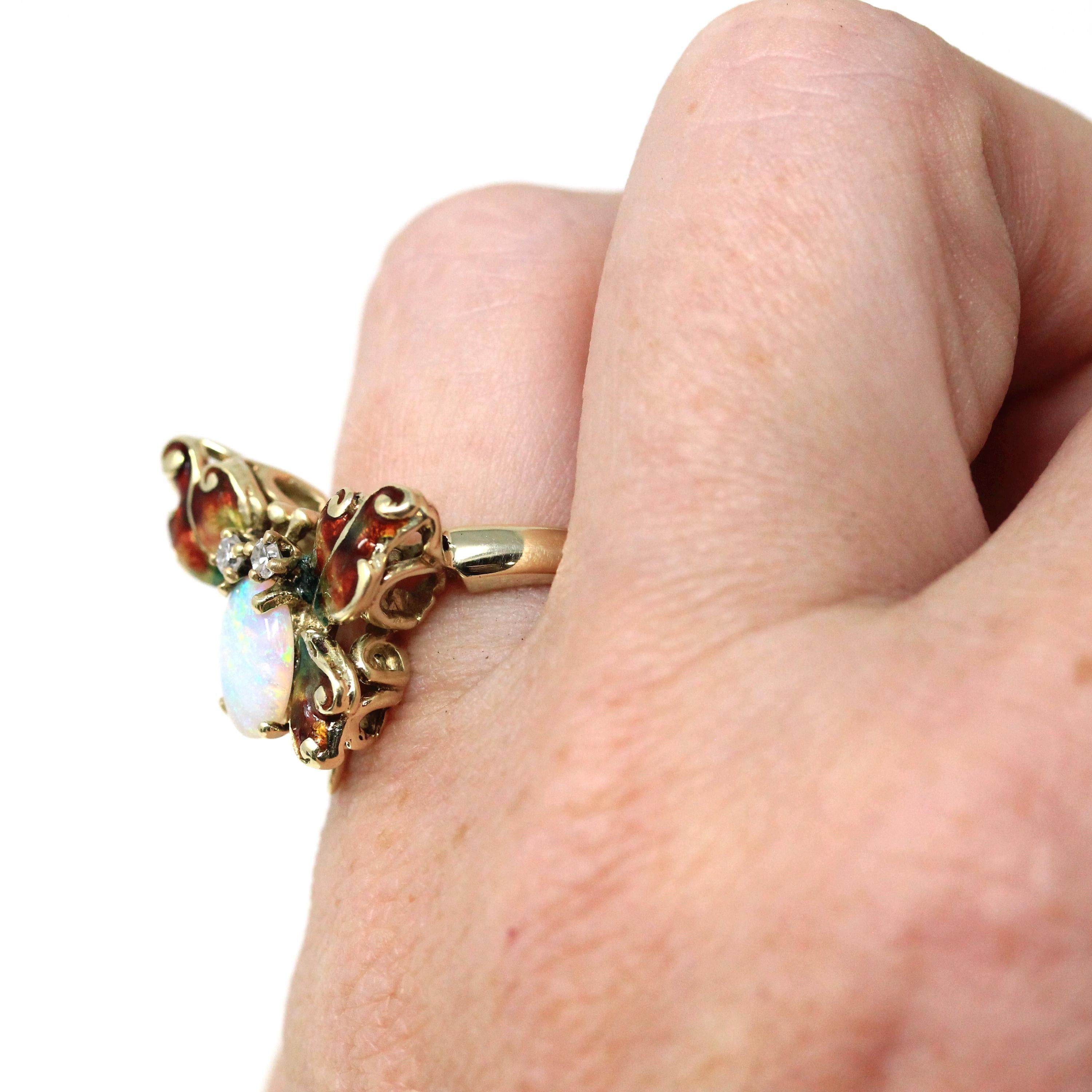 Vintage Butterfly Ring - Retro Era 14k Yellow Gold Genuine Opal & Diamonds - Circa 1970s Era Size 5.25 Statement Figural Enamel Fine Jewelry