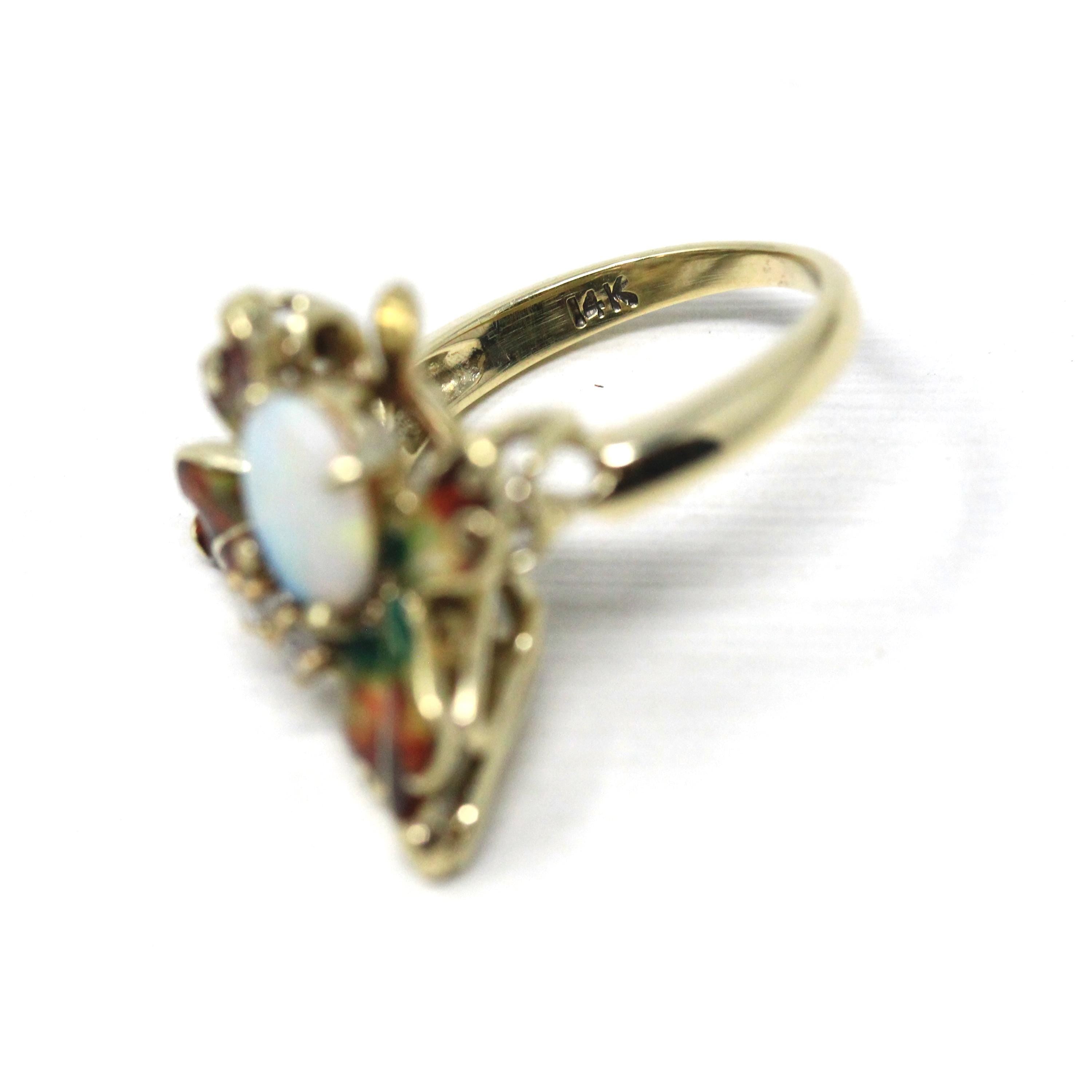 Vintage Butterfly Ring - Retro Era 14k Yellow Gold Genuine Opal & Diamonds - Circa 1970s Era Size 5.25 Statement Figural Enamel Fine Jewelry