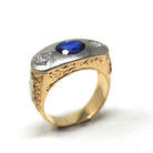 Art Deco Masonic Ring - 14k Rosy Yellow & White Gold Oval Created Sapphire Diamonds - Men's Size 8 Freemason Symbols Statement Jewelry