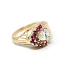 East West Diamond Ring - Vintage Retro Era 14k Yellow Gold Genuine .59 CT Pear Brilliant - Size 7 Alternative Ruby Halo Fine Report Jewelry