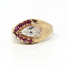 East West Diamond Ring - Vintage Retro Era 14k Yellow Gold Genuine .59 CT Pear Brilliant - Size 7 Alternative Ruby Halo Fine Report Jewelry