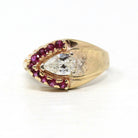 East West Diamond Ring - Vintage Retro Era 14k Yellow Gold Genuine .59 CT Pear Brilliant - Size 7 Alternative Ruby Halo Fine Report Jewelry
