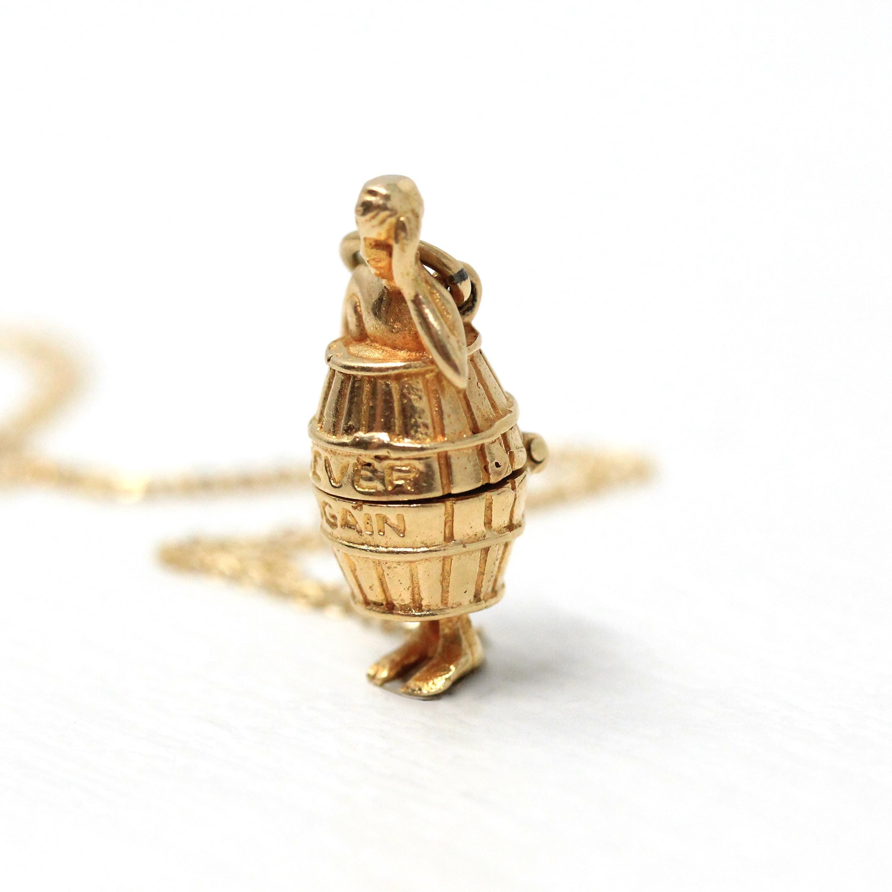 Man In Barrel Charm - Retro 14k Yellow Gold Figural "Never Again" Drunk Gambling Necklace Pendant - Vintage Fine Locket Keepsake Jewelry