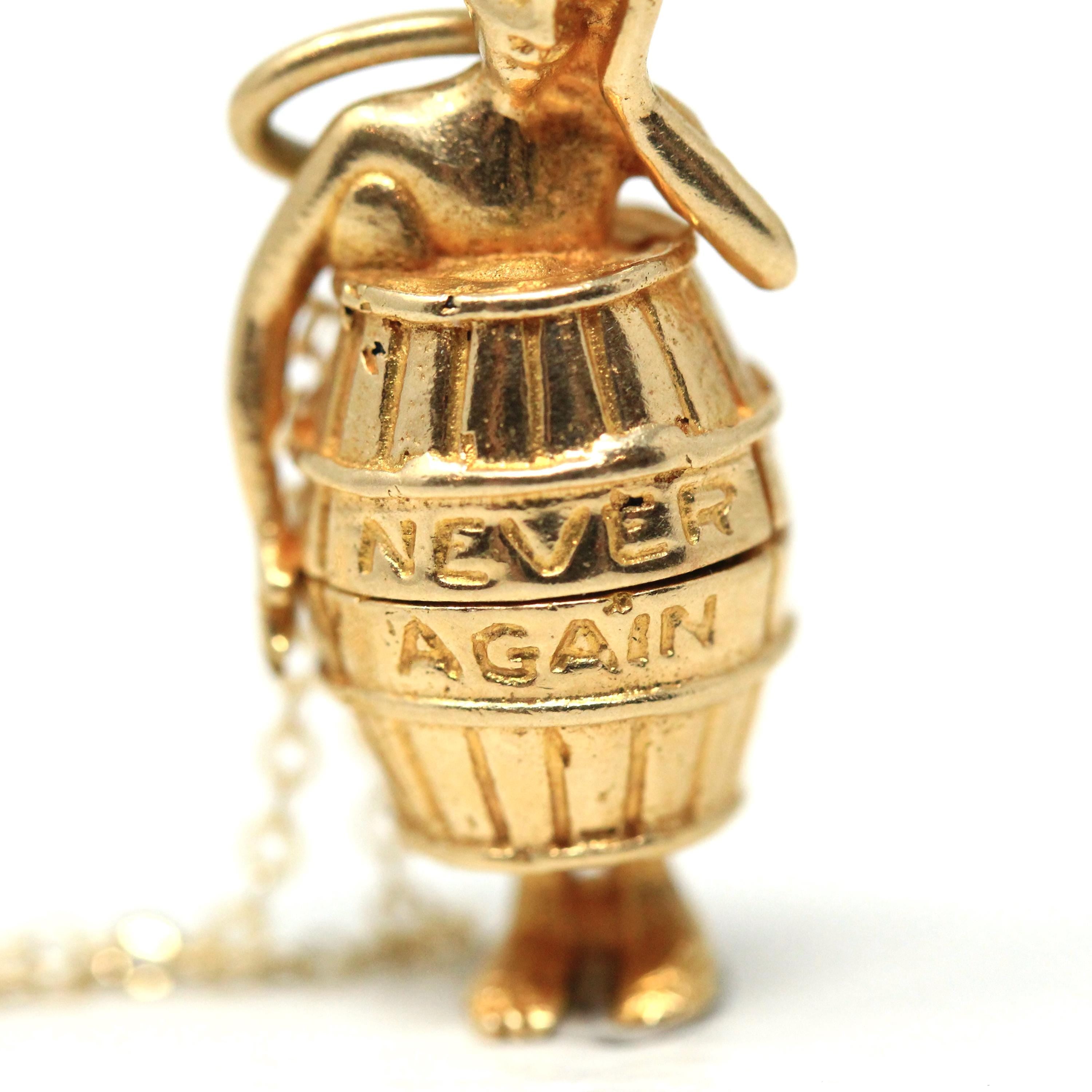 Man In Barrel Charm - Retro 14k Yellow Gold Figural "Never Again" Drunk Gambling Necklace Pendant - Vintage Fine Locket Keepsake Jewelry