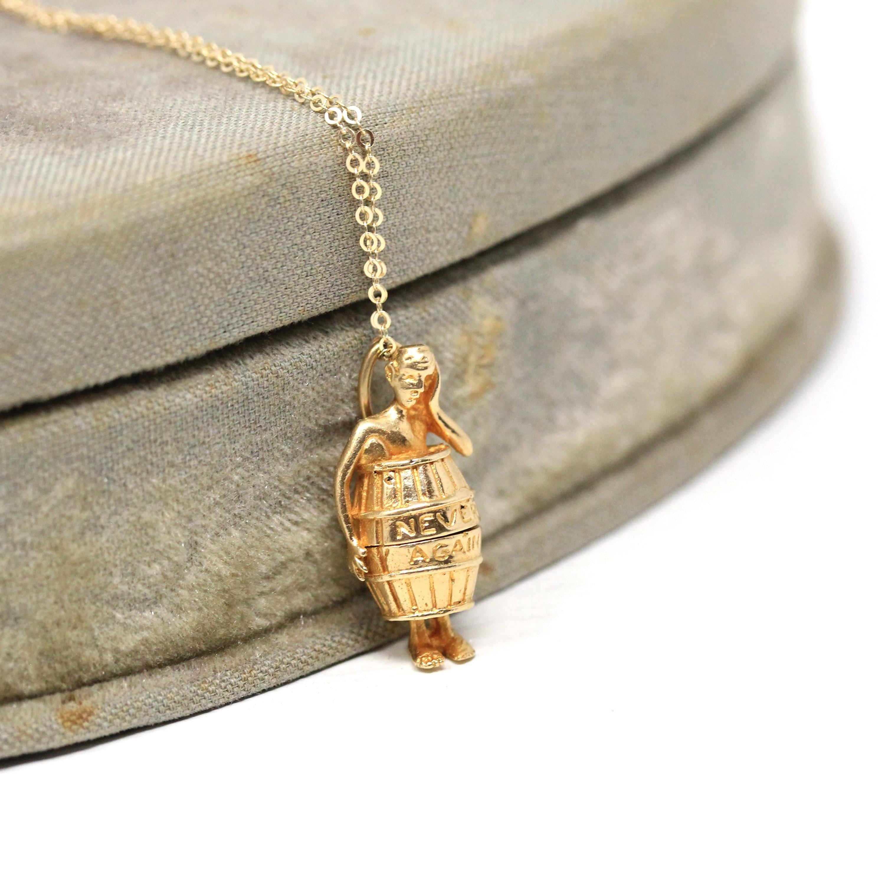 Man In Barrel Charm - Retro 14k Yellow Gold Figural "Never Again" Drunk Gambling Necklace Pendant - Vintage Fine Locket Keepsake Jewelry