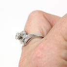 Mid Century Ring - Vintage 14k White Gold Genuine .50 CTW Diamond Swirl Bypass Halo - Circa 1950s Retro Era Size 6 Fine Engagement Jewelry