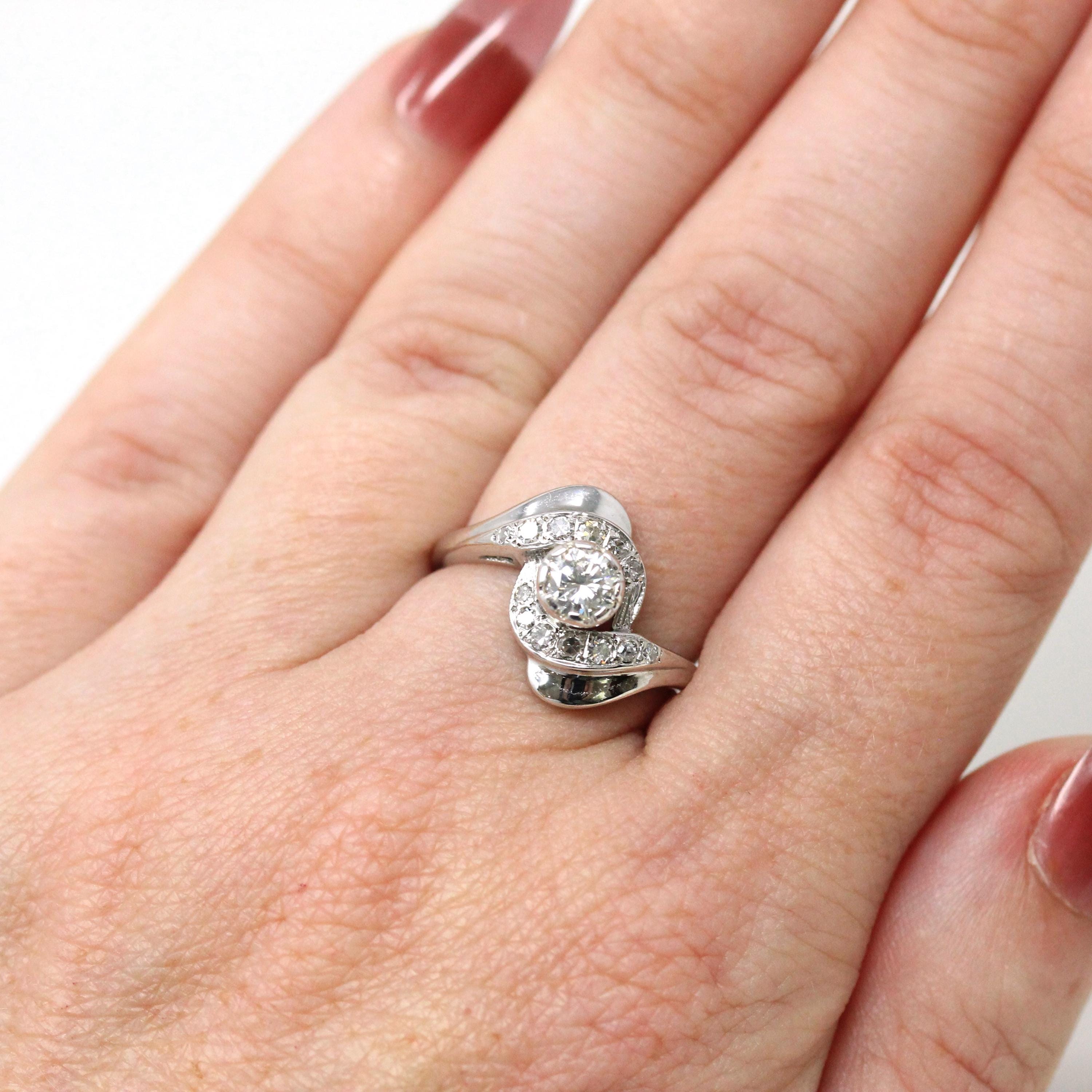 Mid Century Ring - Vintage 14k White Gold Genuine .50 CTW Diamond Swirl Bypass Halo - Circa 1950s Retro Era Size 6 Fine Engagement Jewelry