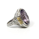 Genuine Amethyst Ring - Art Deco 14k White Gold Purple Gemstone Seed Pearl Halo - Vintage Circa 1930s Era Size 6 3/4 Filigree Flower Jewelry