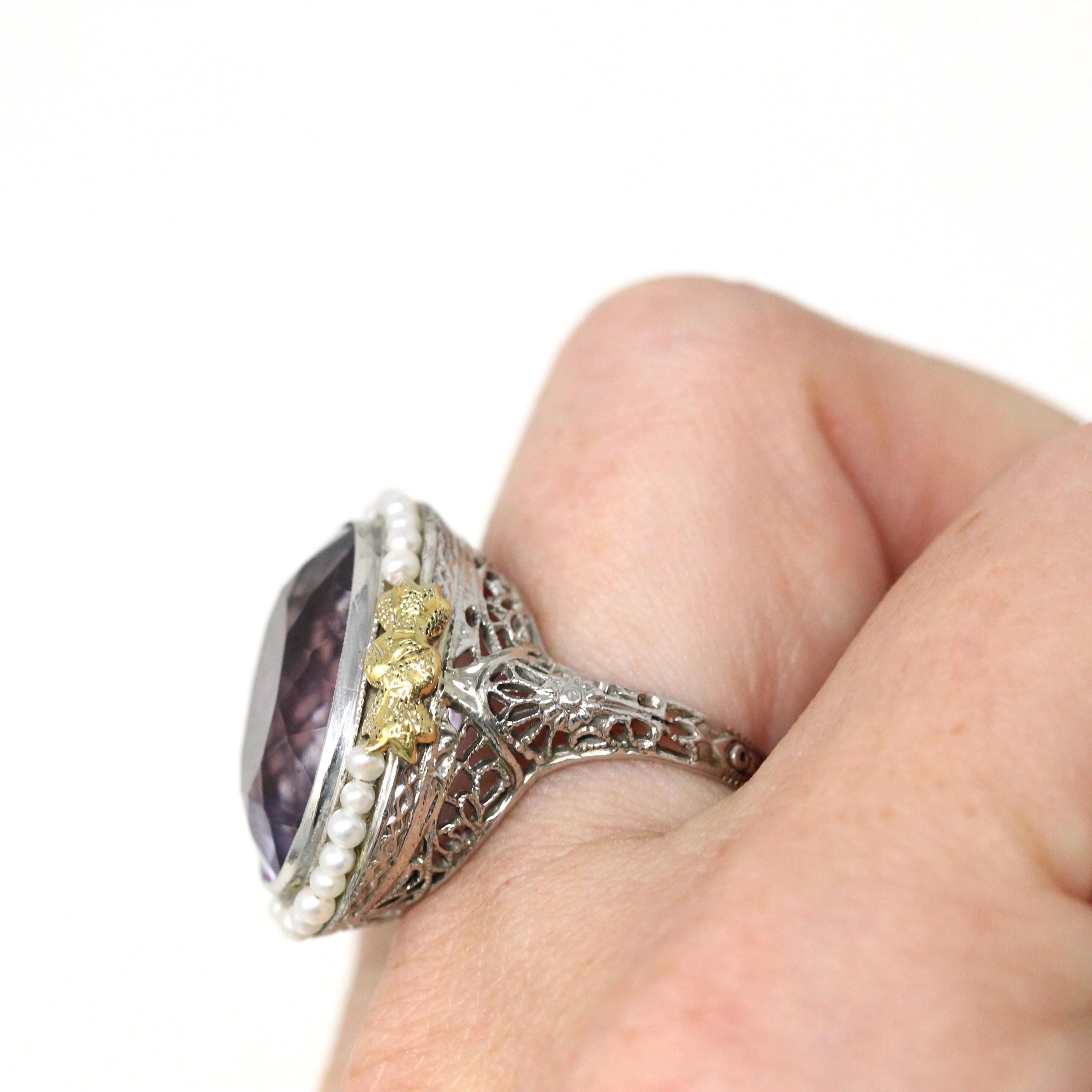 Genuine Amethyst Ring - Art Deco 14k White Gold Purple Gemstone Seed Pearl Halo - Vintage Circa 1930s Era Size 6 3/4 Filigree Flower Jewelry