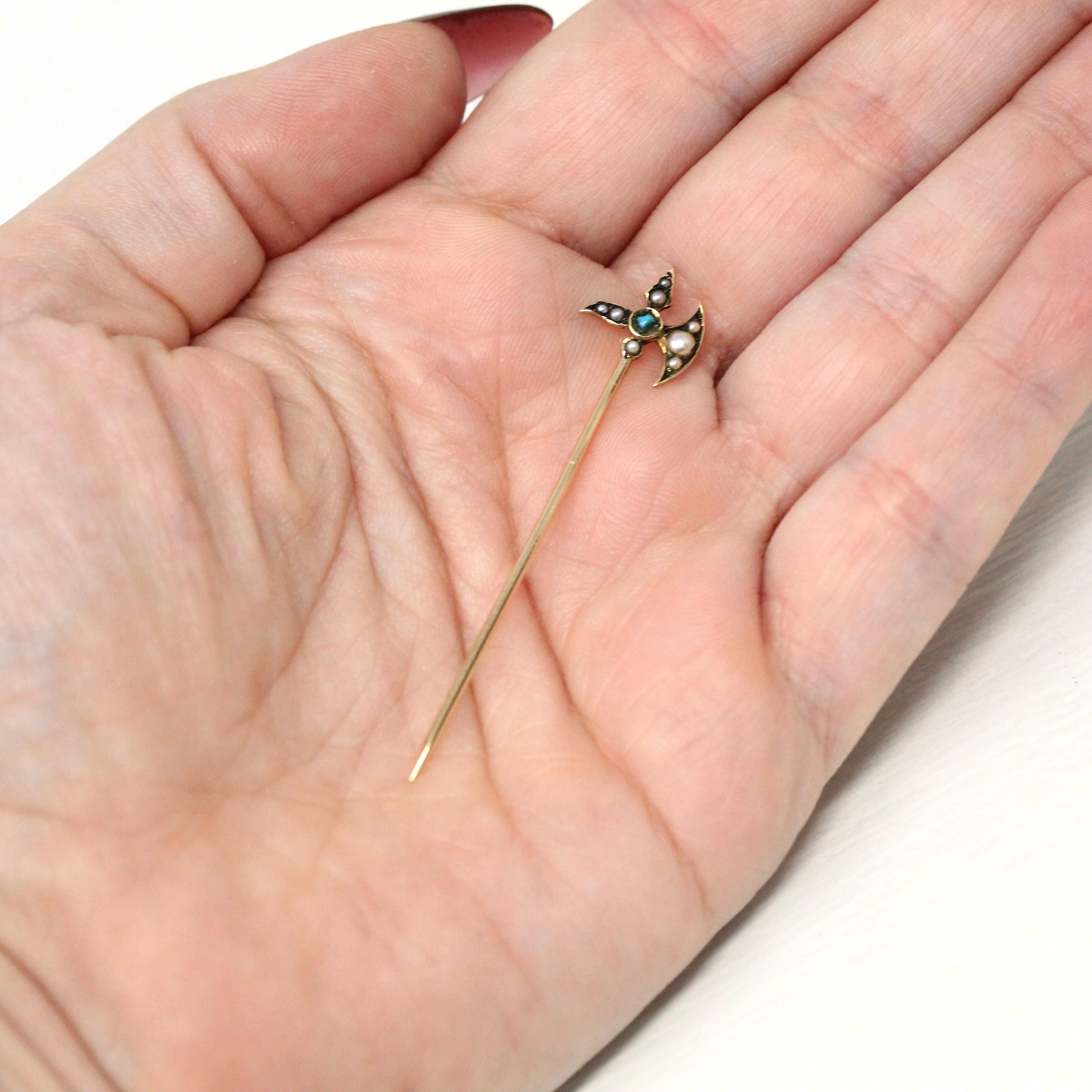 Antique Axe Stick Pin - Edwardian 14k Yellow Gold Turquoise & Seed Pearls - Vintage Early 1900s Men's Unisex Accessory Hat Tie Fine Jewelry