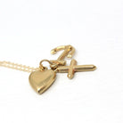 Vintage Charm Necklace - Retro 14k Yellow Gold Cross Anchor Heart Pendants - Circa 1970s Era Faith Hope Charity Religious 70s Fine Jewelry