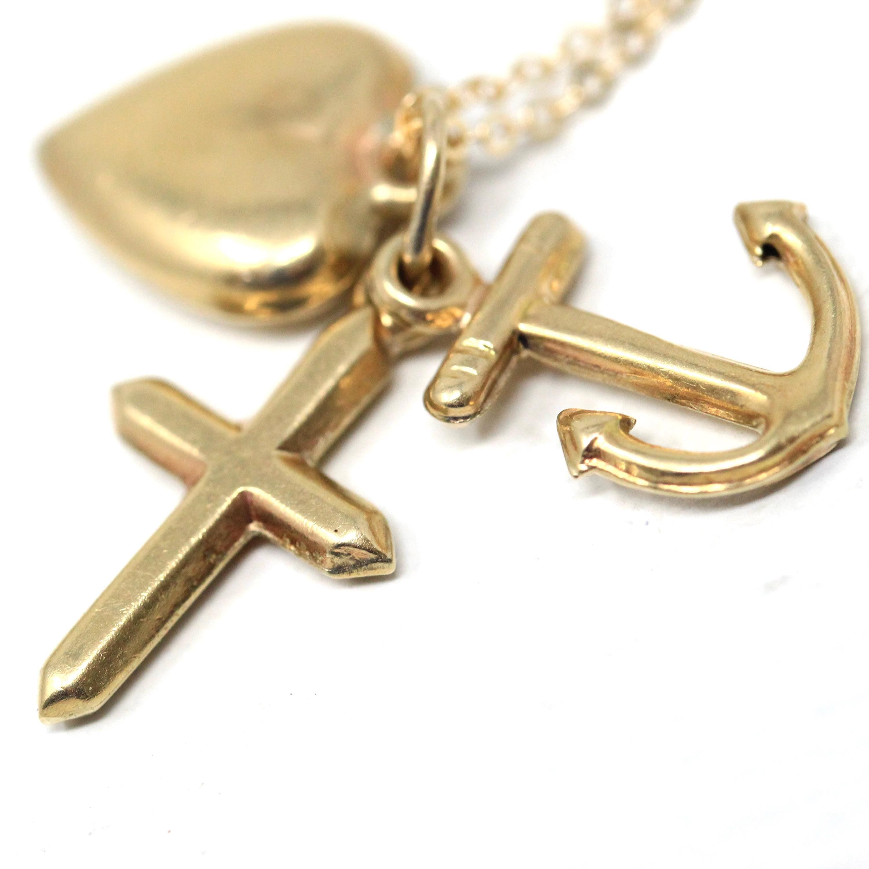 Vintage Charm Necklace - Retro 14k Yellow Gold Cross Anchor Heart Pendants - Circa 1970s Era Faith Hope Charity Religious 70s Fine Jewelry