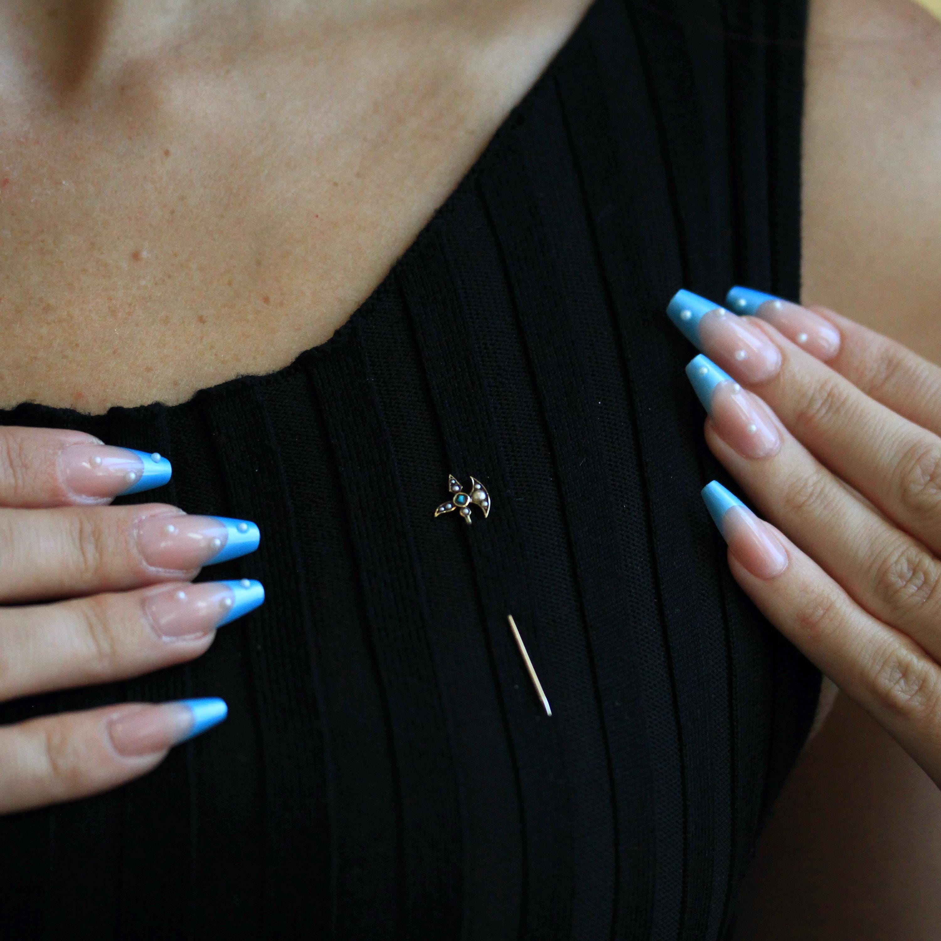 Antique Axe Stick Pin - Edwardian 14k Yellow Gold Turquoise & Seed Pearls - Vintage Early 1900s Men's Unisex Accessory Hat Tie Fine Jewelry