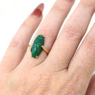 Vintage Scarab Ring - Retro 14k Yellow Gold Oval Carved Green Glass Stone - Circa 1960s Era Size 4 Egyptian Revival Style Fine 60s Jewelry
