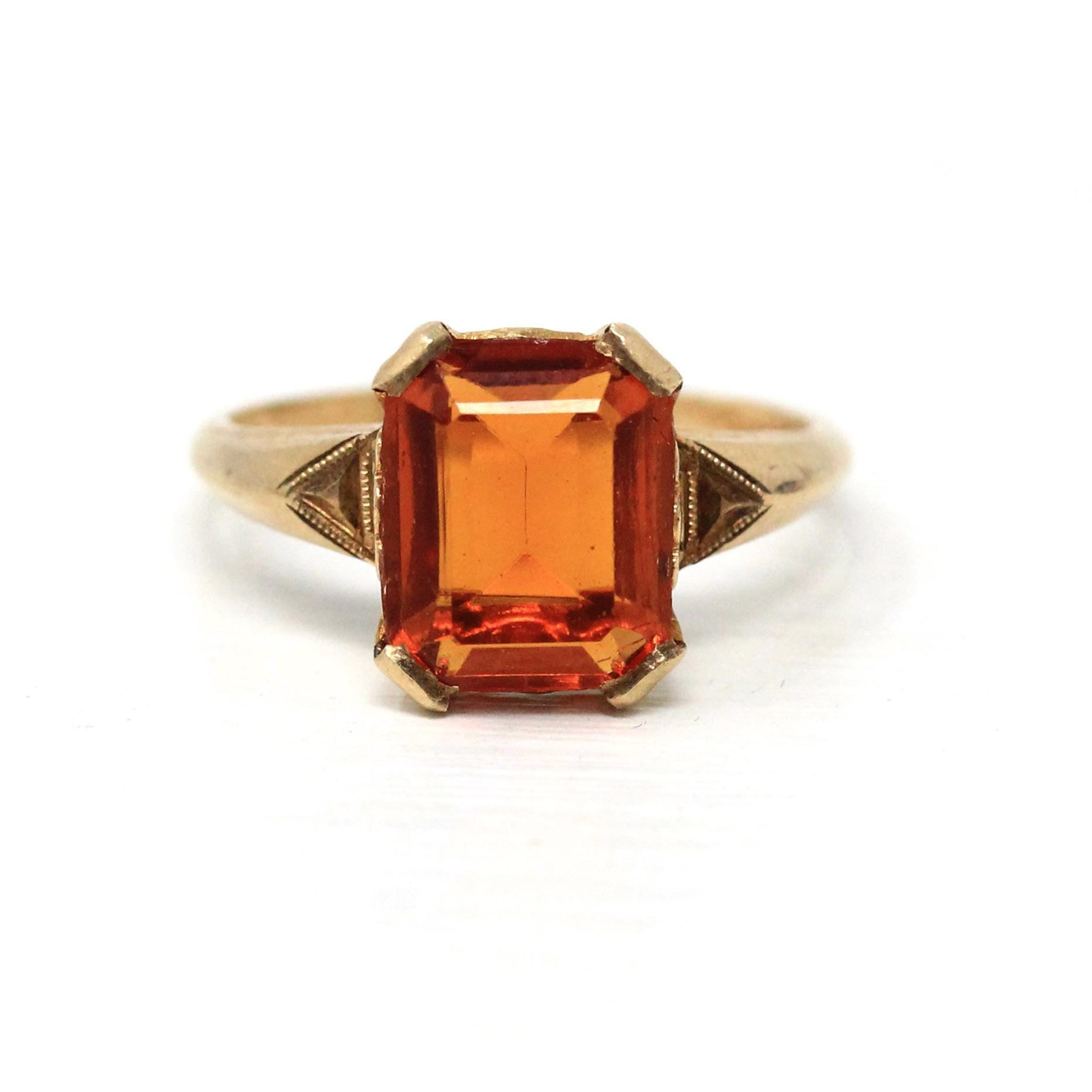 Simulated Citrine Ring Retro 10k Yellow Gold Orange Faceted