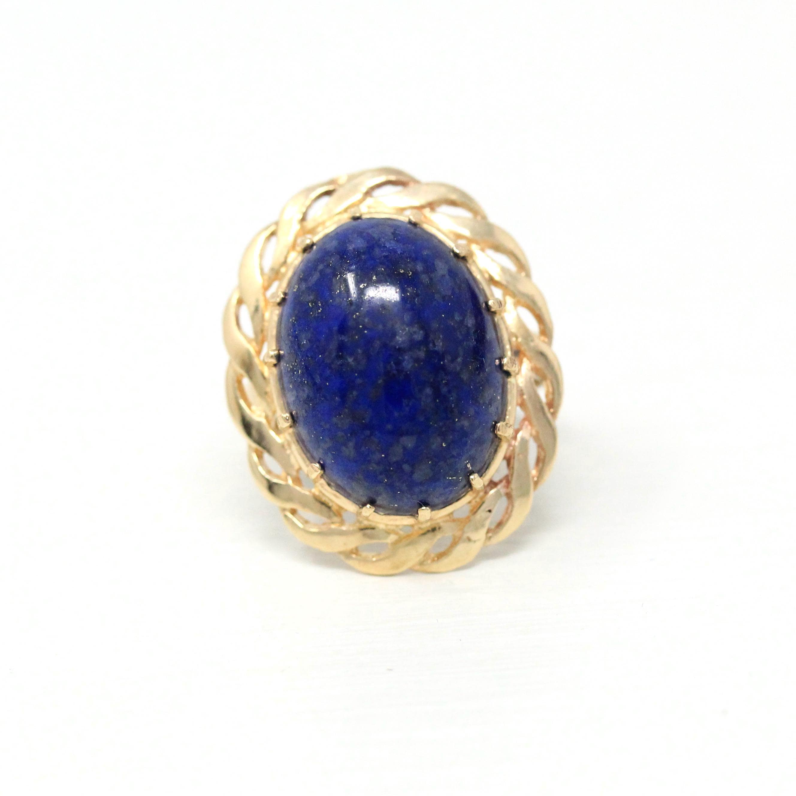 Genuine Lapis Lazuli Ring - Vintage 14k Yellow Gold Dark Blue Oval Cabochon Prong Statement - Retro Circa 1970s Size 4 Braided Fine Jewelry