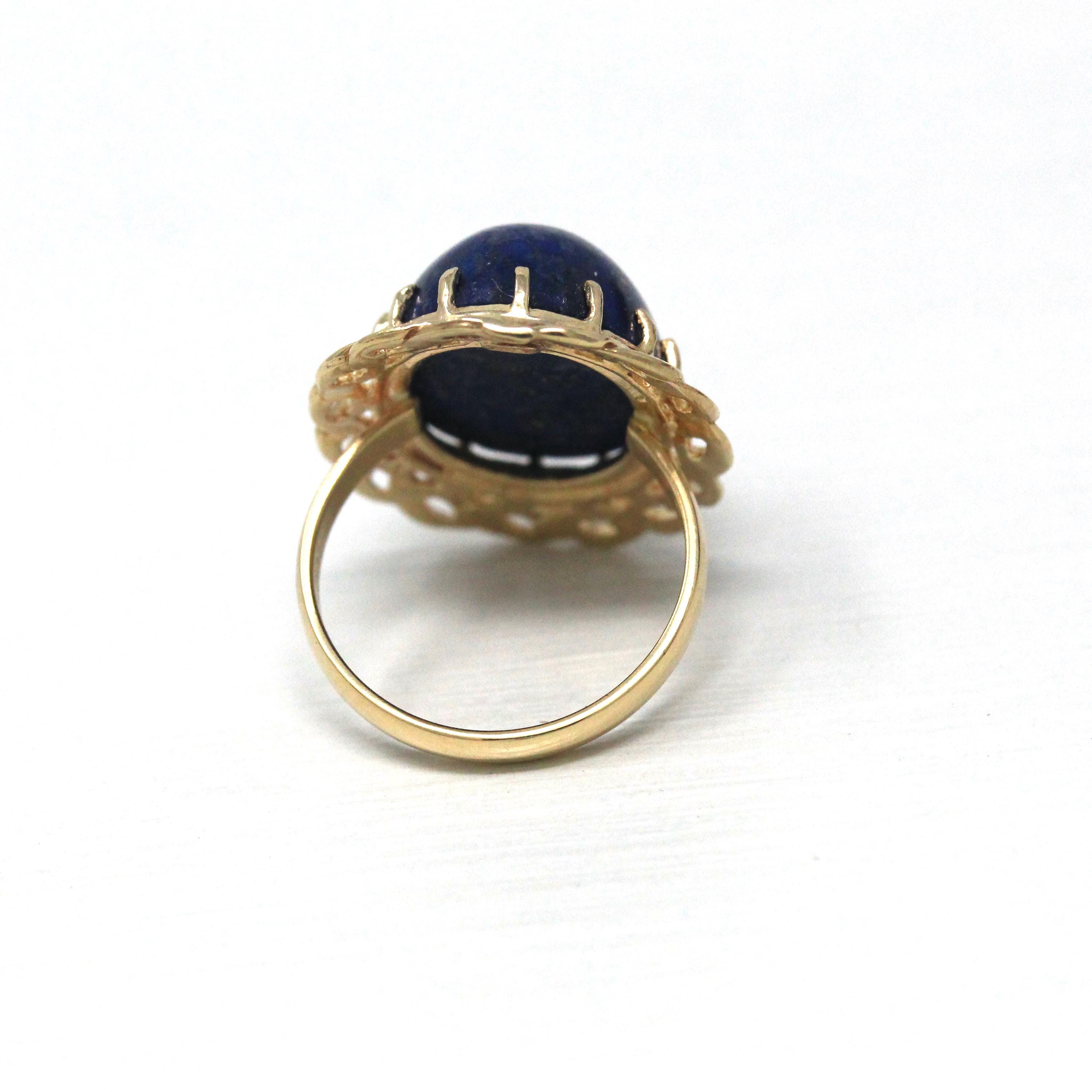 Genuine Lapis Lazuli Ring - Vintage 14k Yellow Gold Dark Blue Oval Cabochon Prong Statement - Retro Circa 1970s Size 4 Braided Fine Jewelry