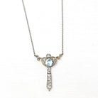 Edwardian Lavalier Necklace - Antique Platinum and 14k Yellow Gold Genuine Blue Aquamarine & Diamond Pendant - Circa 1910s Era Fine Jewelry