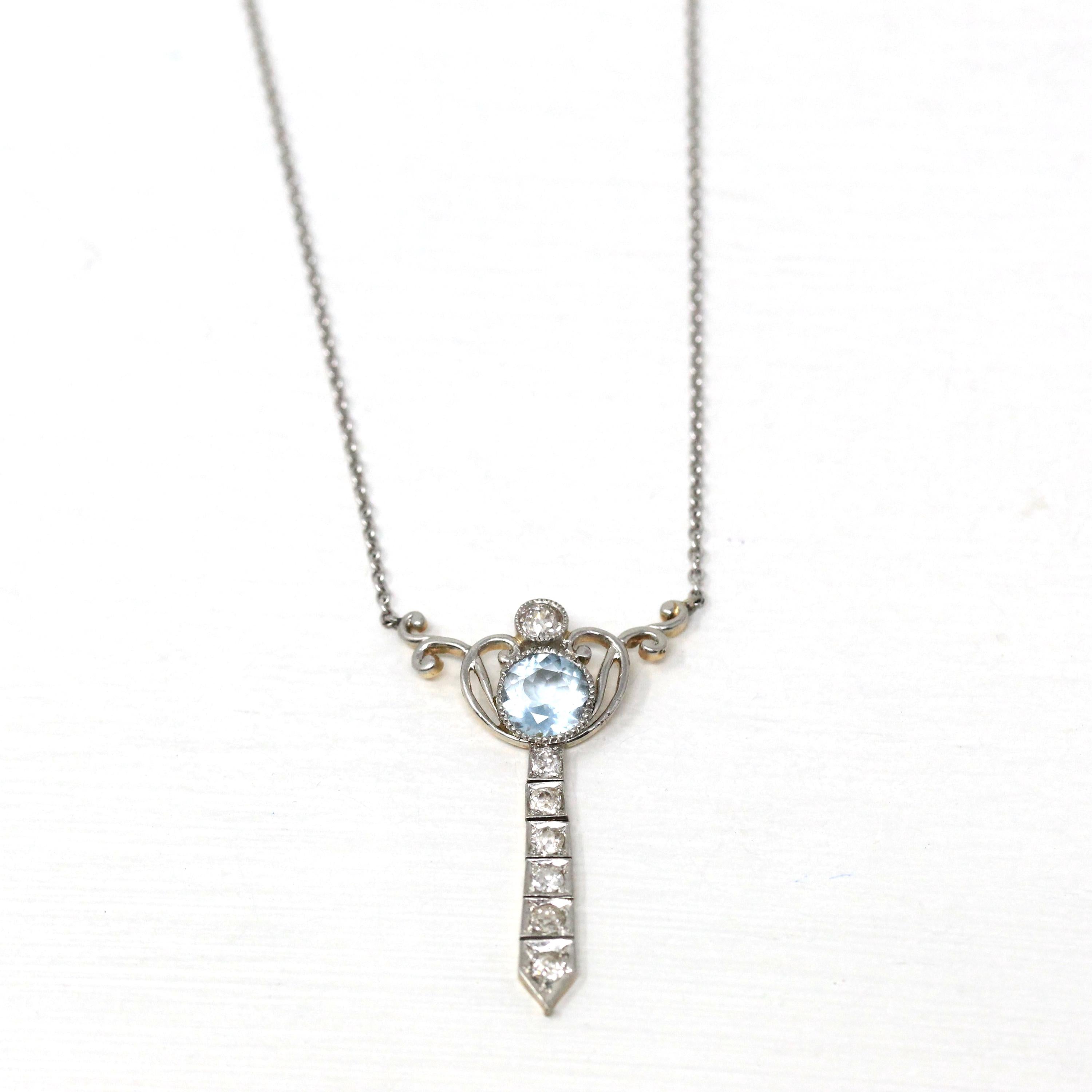 Edwardian Lavalier Necklace - Antique Platinum and 14k Yellow Gold Genuine Blue Aquamarine & Diamond Pendant - Circa 1910s Era Fine Jewelry