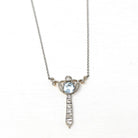 Edwardian Lavalier Necklace - Antique Platinum and 14k Yellow Gold Natural Blue Aquamarine & Diamond Pendant - Circa 1910s Era Fine Jewelry