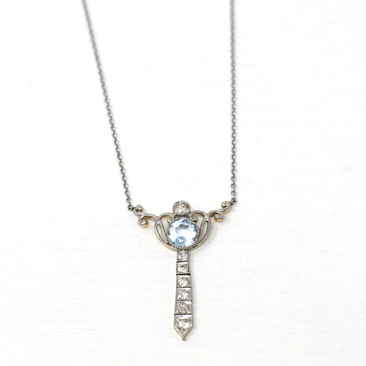 Edwardian Lavalier Necklace - Antique Platinum and 14k Yellow Gold Natural Blue Aquamarine & Diamond Pendant - Circa 1910s Era Fine Jewelry