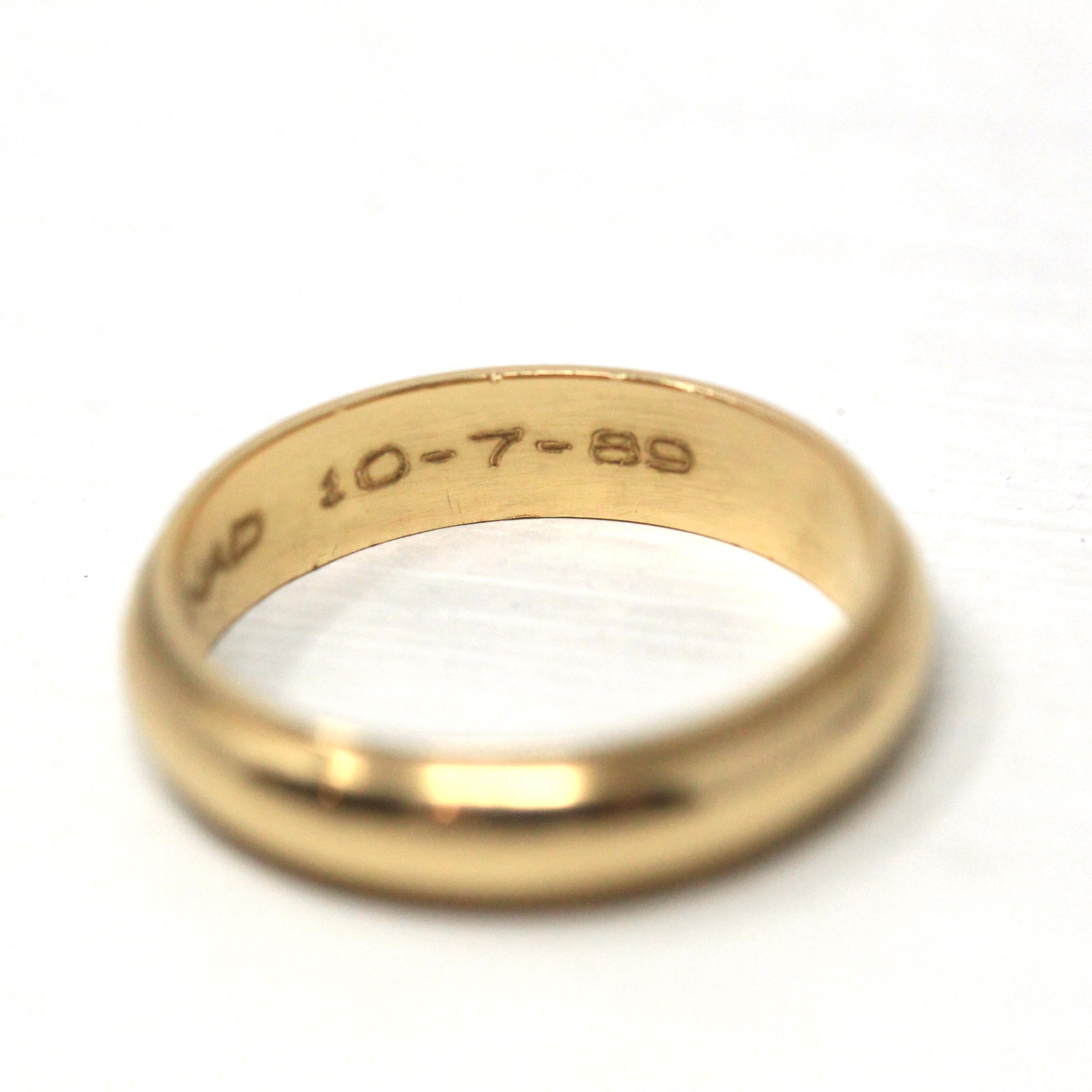 Dated 1989 Band - Modern 14k Yellow Gold Engraved "JEP to NAD 10-7-89" Ring - Estate 1980s Size 4 3/4 Wedding Unisex Milgrain Fine Jewelry
