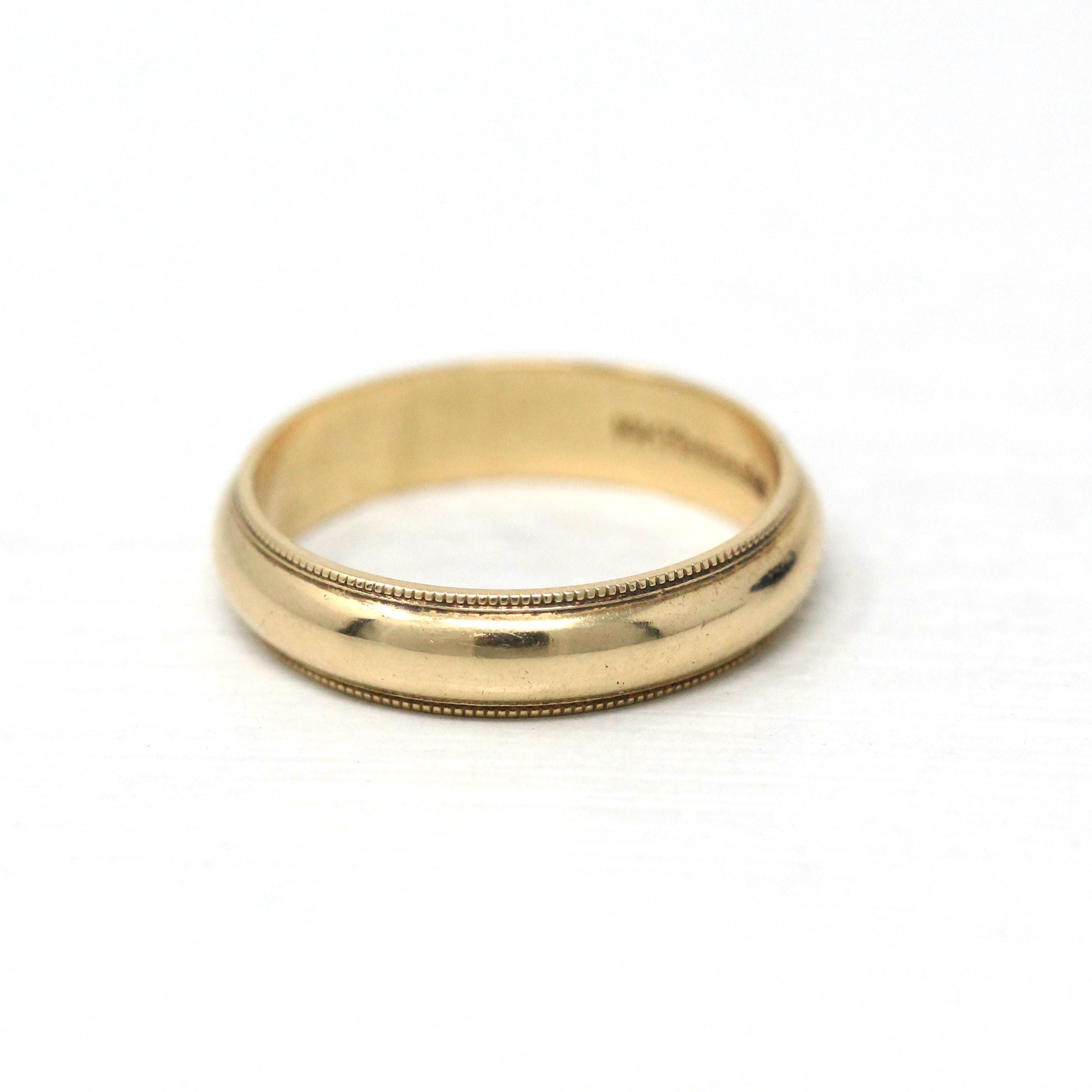 Dated 1989 Band - Modern 14k Yellow Gold Engraved "JEP to NAD 10-7-89" Ring - Estate 1980s Size 4 3/4 Wedding Unisex Milgrain Fine Jewelry