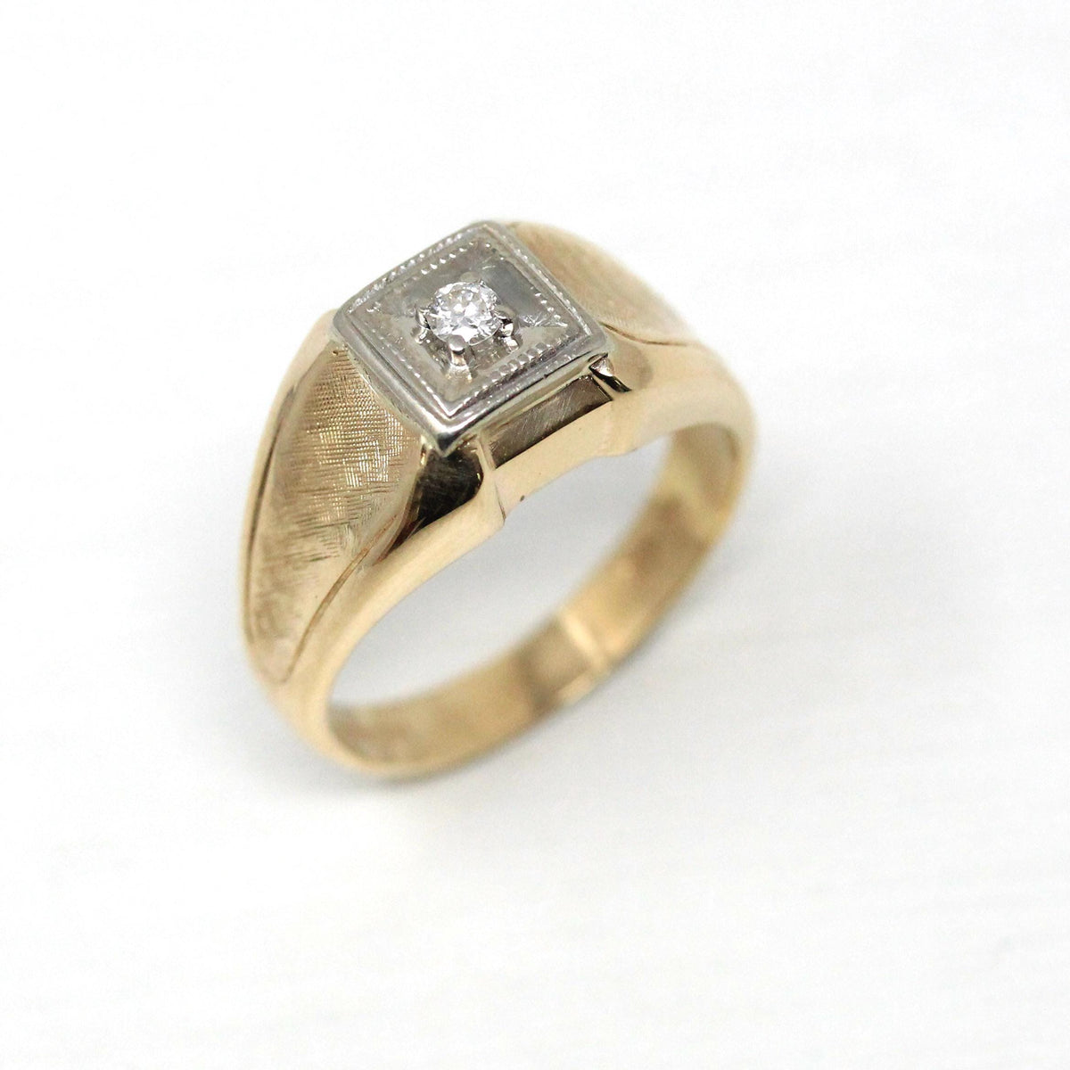 Vintage Diamond Ring - Retro 10k Yellow & White Gold Natural Gemstone Men's Unisex Wedding Band - Circa 1970s Era Size 9 1/2 Fine Jewelry