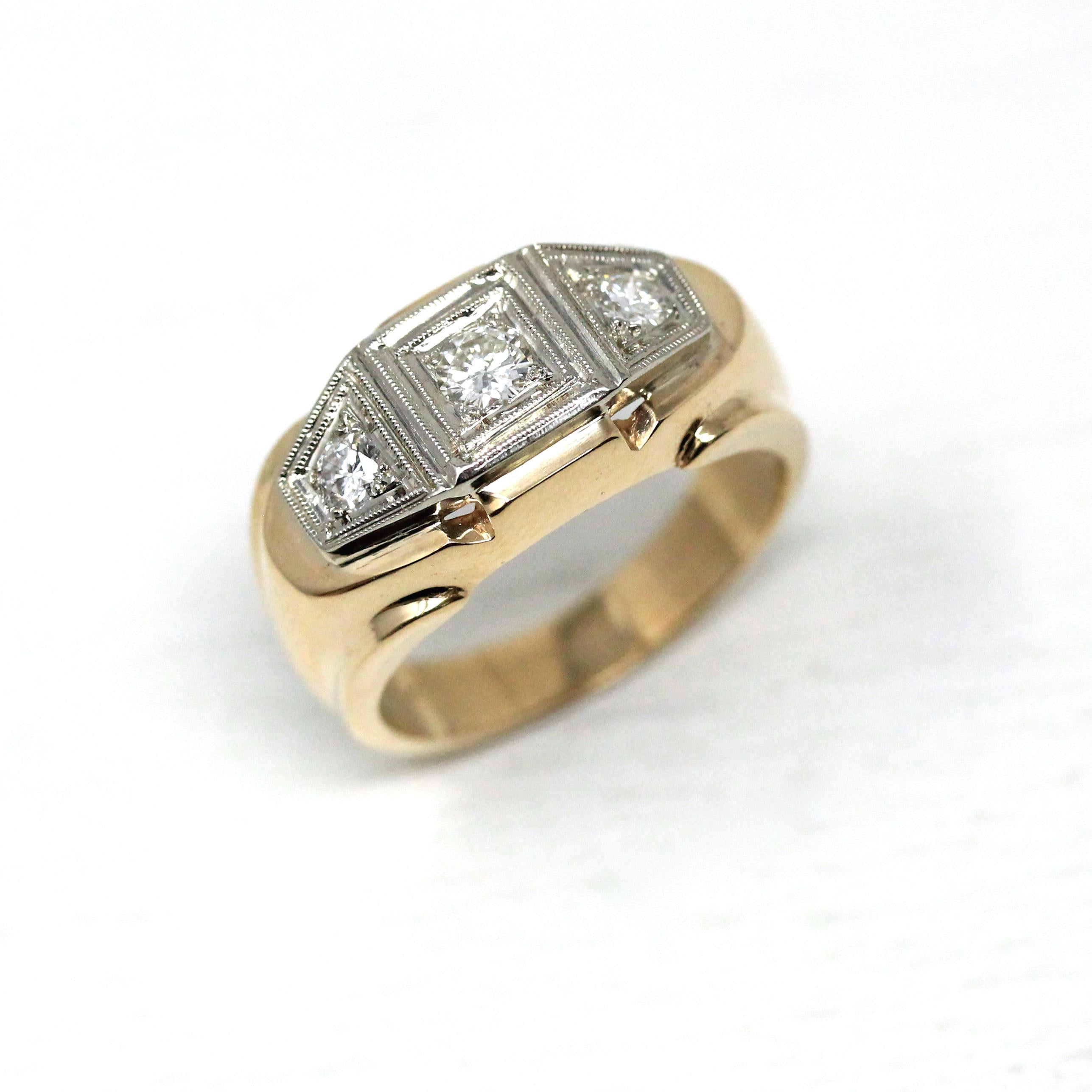 Vintage Diamond Ring - Retro 14k Yellow & White Gold Unisex Men's Two Tone Band - Circa 1960s Era Size 10 Statement Engagement Fine Jewelry