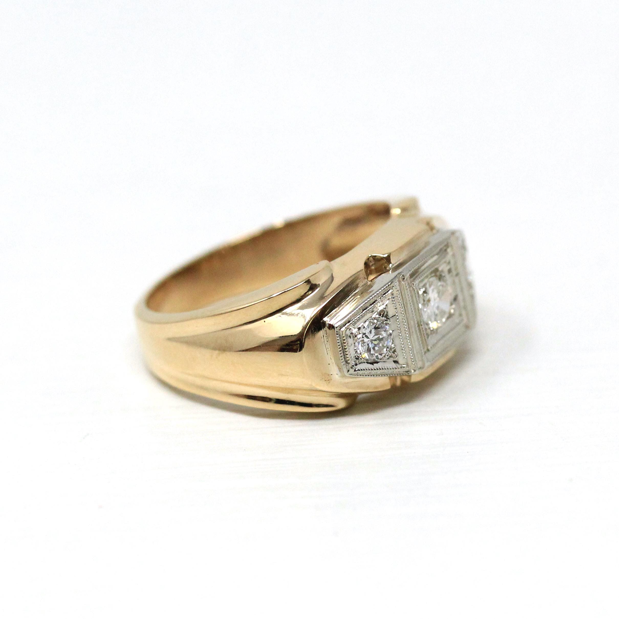 Vintage Diamond Ring - Retro 14k Yellow & White Gold Unisex Men's Two Tone Band - Circa 1960s Era Size 10 Statement Engagement Fine Jewelry