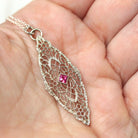 Art Deco Necklace - Vintage 10k White Gold Created Red Ruby Brooch Conversion Pendant - Circa 1930s Era Floral Filigree Fine 30s Jewelry