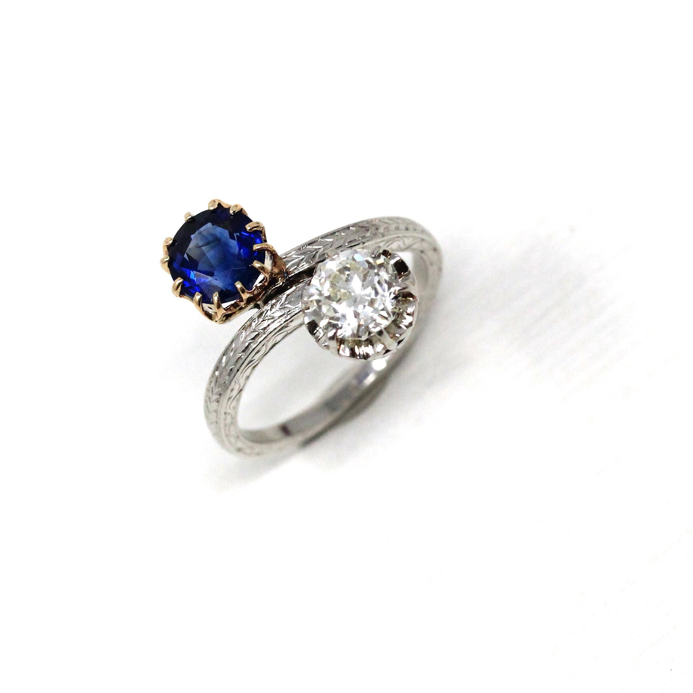 Antique Toi Et Moi Ring - Edwardian Era 18k Yellow Gold Platinum Sapphire Diamond Bypass - Vintage 1910s Size 5 1/4 Fine Jewelry w/ Report