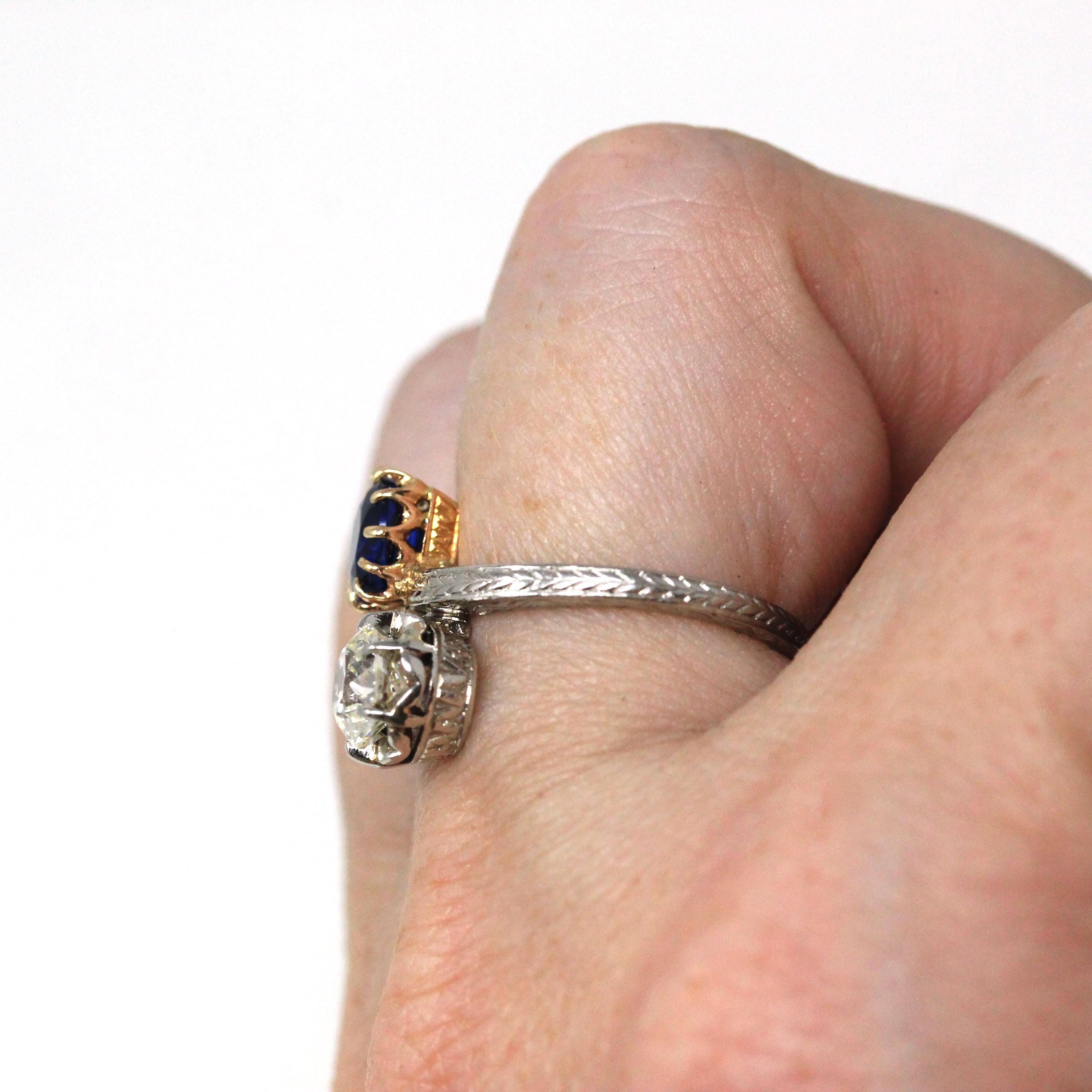Antique Toi Et Moi Ring - Edwardian Era 18k Yellow Gold Platinum Sapphire Diamond Bypass - Vintage 1910s Size 5 1/4 Fine Jewelry w/ Report