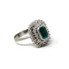 Modern Halo Ring - Estate 14k White Gold Created Emerald Diamond Engagement - Circa 1990s Era Size 4 1/2 May Birthstone Fine 90's Jewelry