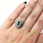Modern Halo Ring - Estate 14k White Gold Created Emerald Diamond Engagement - Circa 1990s Era Size 4 1/2 May Birthstone Fine 90's Jewelry