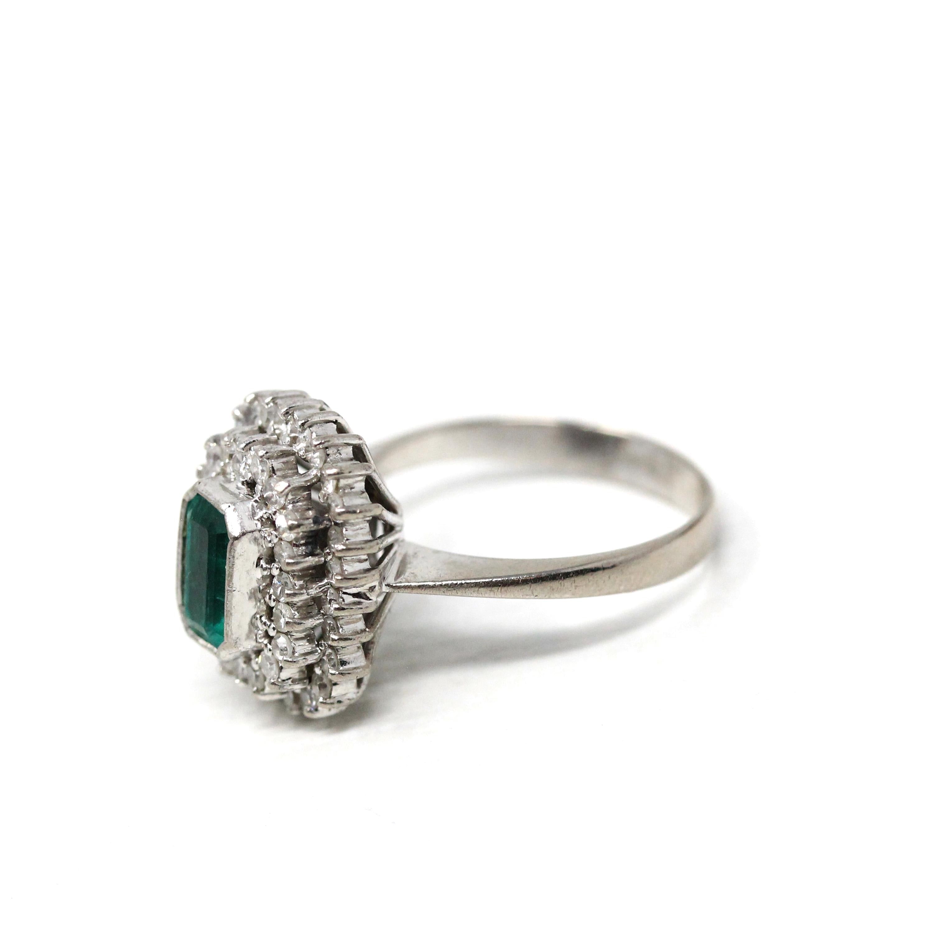 Modern Halo Ring - Estate 14k White Gold Created Emerald Diamond Engagement - Circa 1990s Era Size 4 1/2 May Birthstone Fine 90's Jewelry