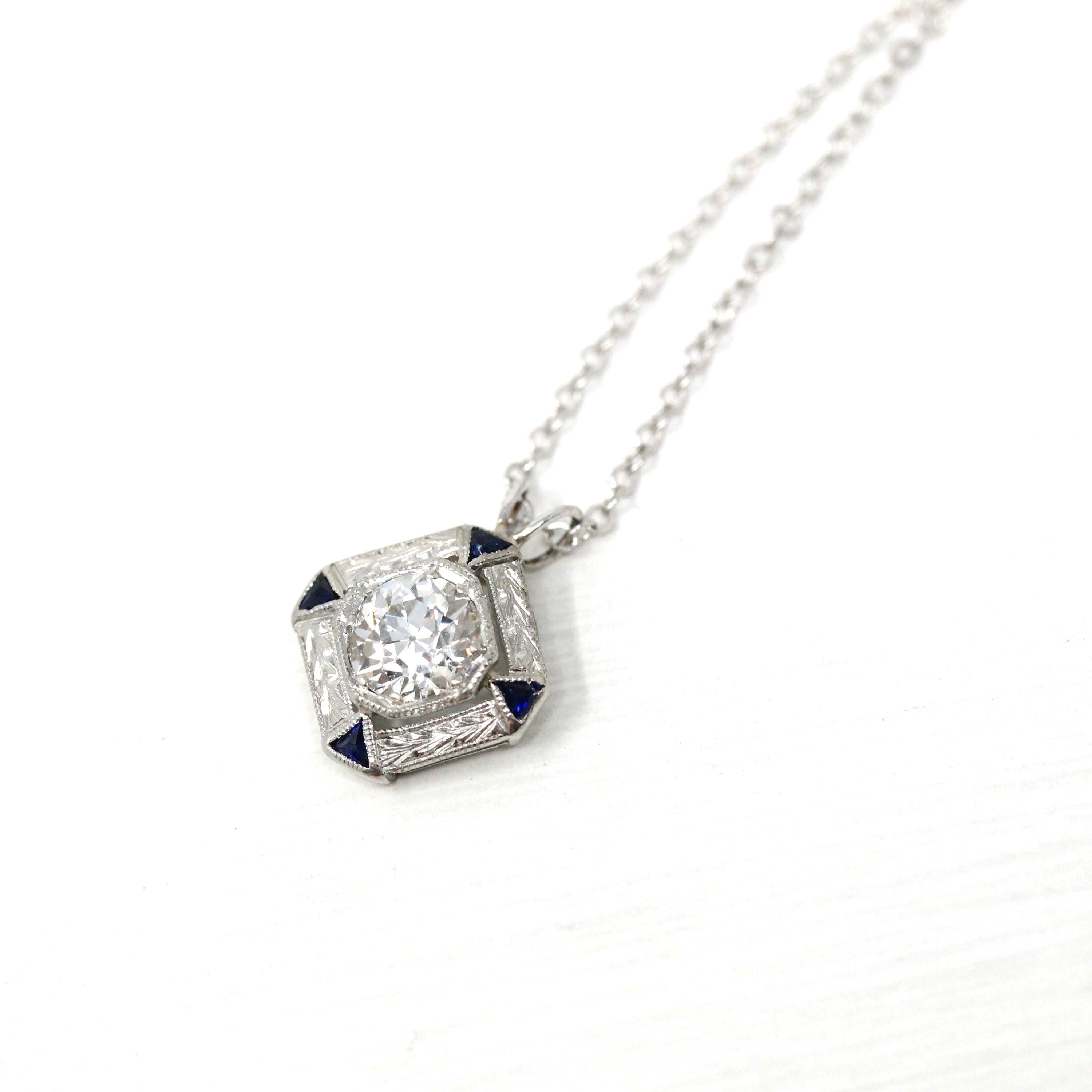 Art Deco Diamond Necklace - Antique Platinum Genuine Old European Diamond Created Sapphire Pendant - Vintage 1920s Era Dainty Fine Jewelry