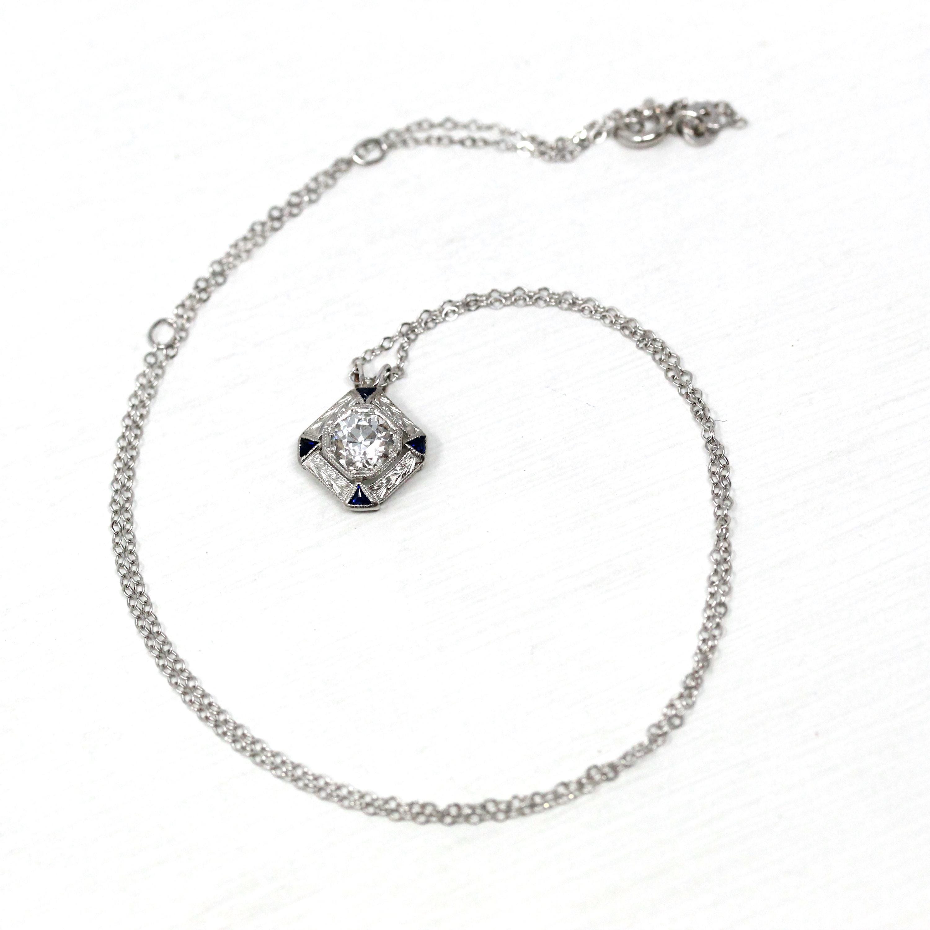 Art Deco Diamond Necklace - Antique Platinum Genuine Old European Diamond Created Sapphire Pendant - Vintage 1920s Era Dainty Fine Jewelry