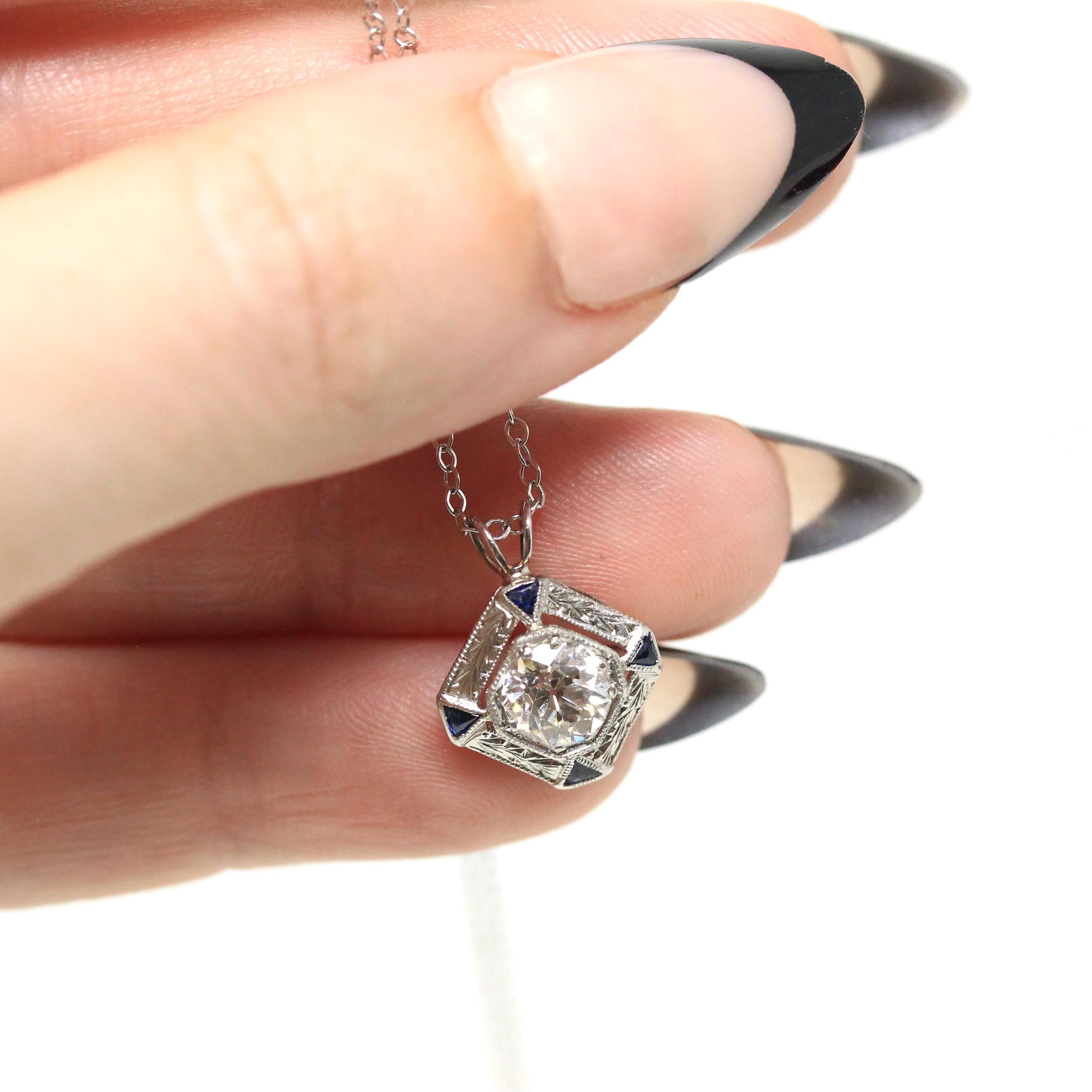 Art Deco Diamond Necklace - Antique Platinum Genuine Old European Diamond Created Sapphire Pendant - Vintage 1920s Era Dainty Fine Jewelry