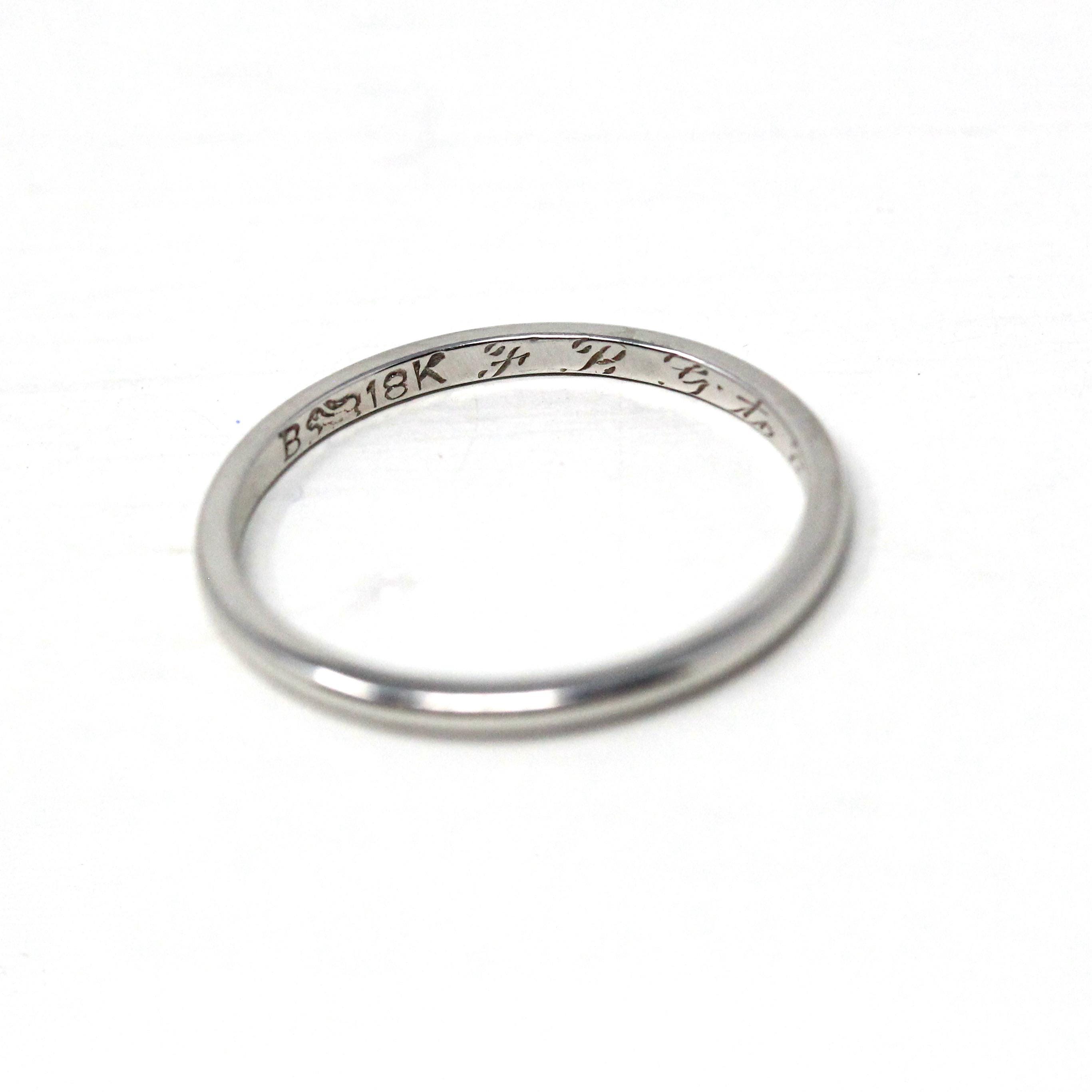Antique Wedding Band - Art Deco 18k White Gold Inscribed Ring - Vintage Engraved 1928 Size 6 1/2 Unisex Style 1920s Era Wedding Fine Jewelry
