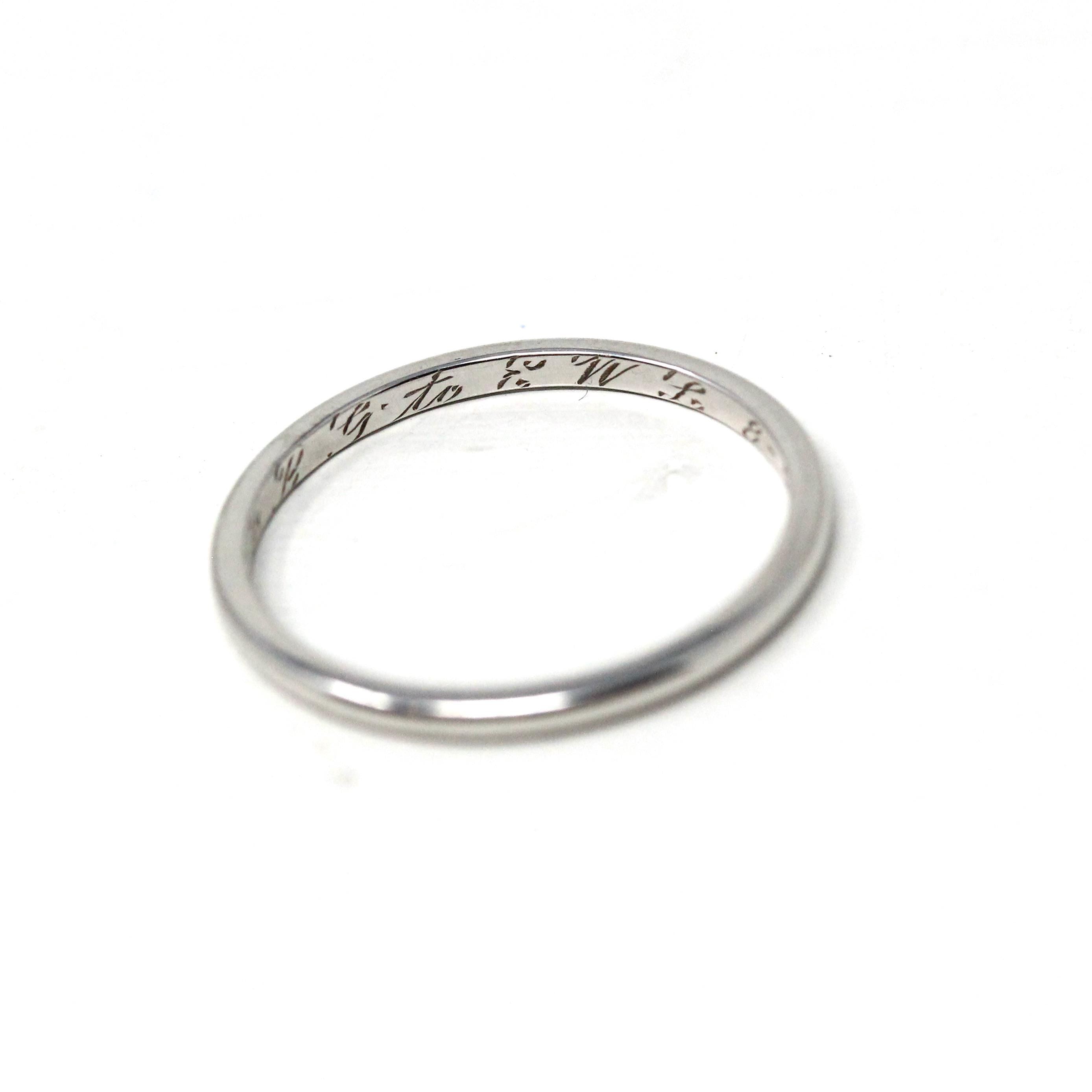 Antique Wedding Band - Art Deco 18k White Gold Inscribed Ring - Vintage Engraved 1928 Size 6 1/2 Unisex Style 1920s Era Wedding Fine Jewelry