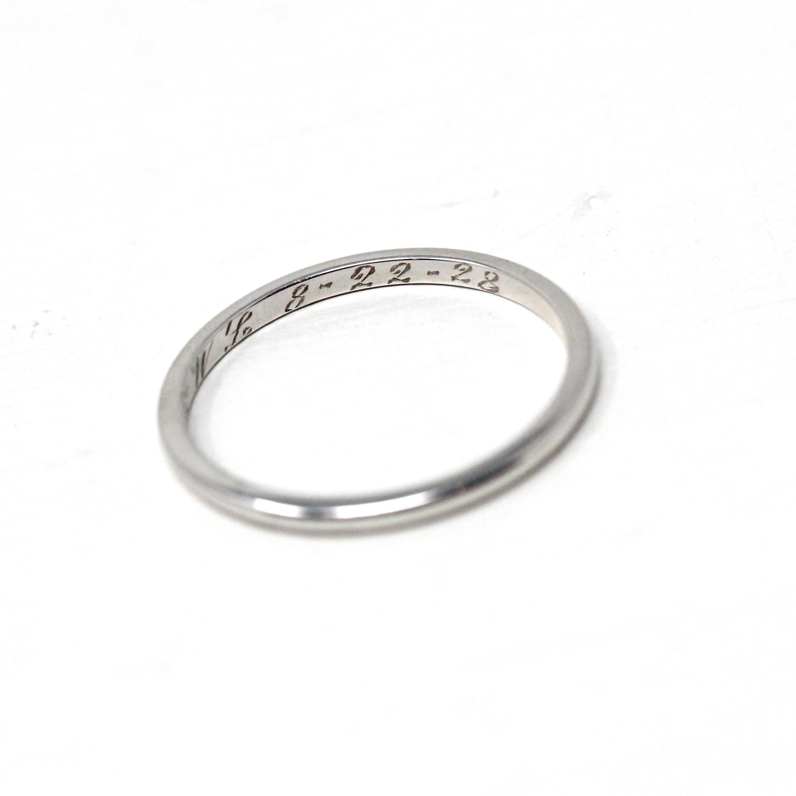 Antique Wedding Band - Art Deco 18k White Gold Inscribed Ring - Vintage Engraved 1928 Size 6 1/2 Unisex Style 1920s Era Wedding Fine Jewelry