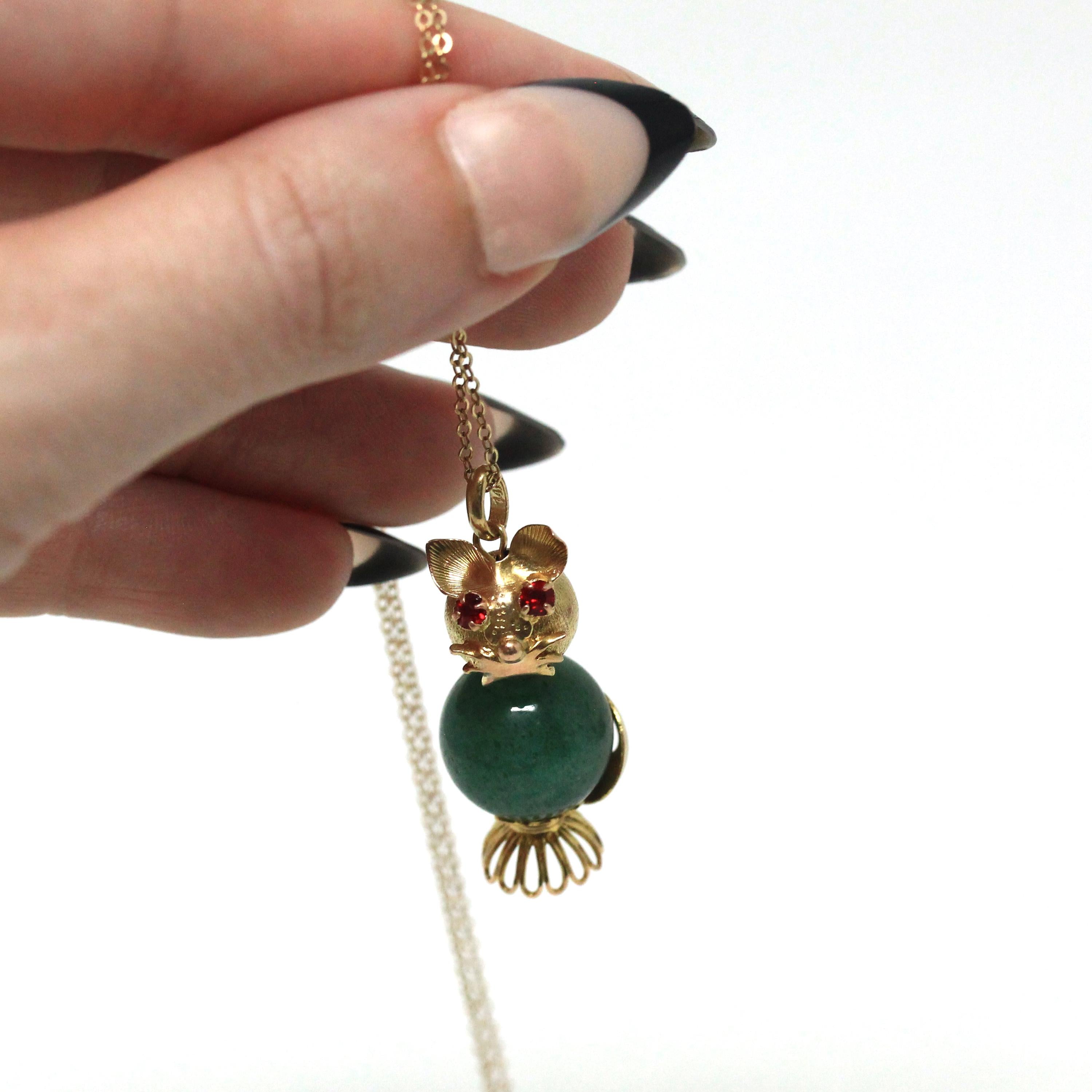 Gemstone Cat Charm - Retro Era 10k Yellow Gold Genuine Aventurine Bead Pendant - Circa 1970s Assembled Kitty Fine Figural Feline Jewelry