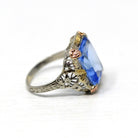 Antique Filigree Ring - Art Deco Era 10k Tri Color Gold Filigree Setting Simulated Sapphire Stone - Circa 1930s Size 5 1/2 Fine Jewelry
