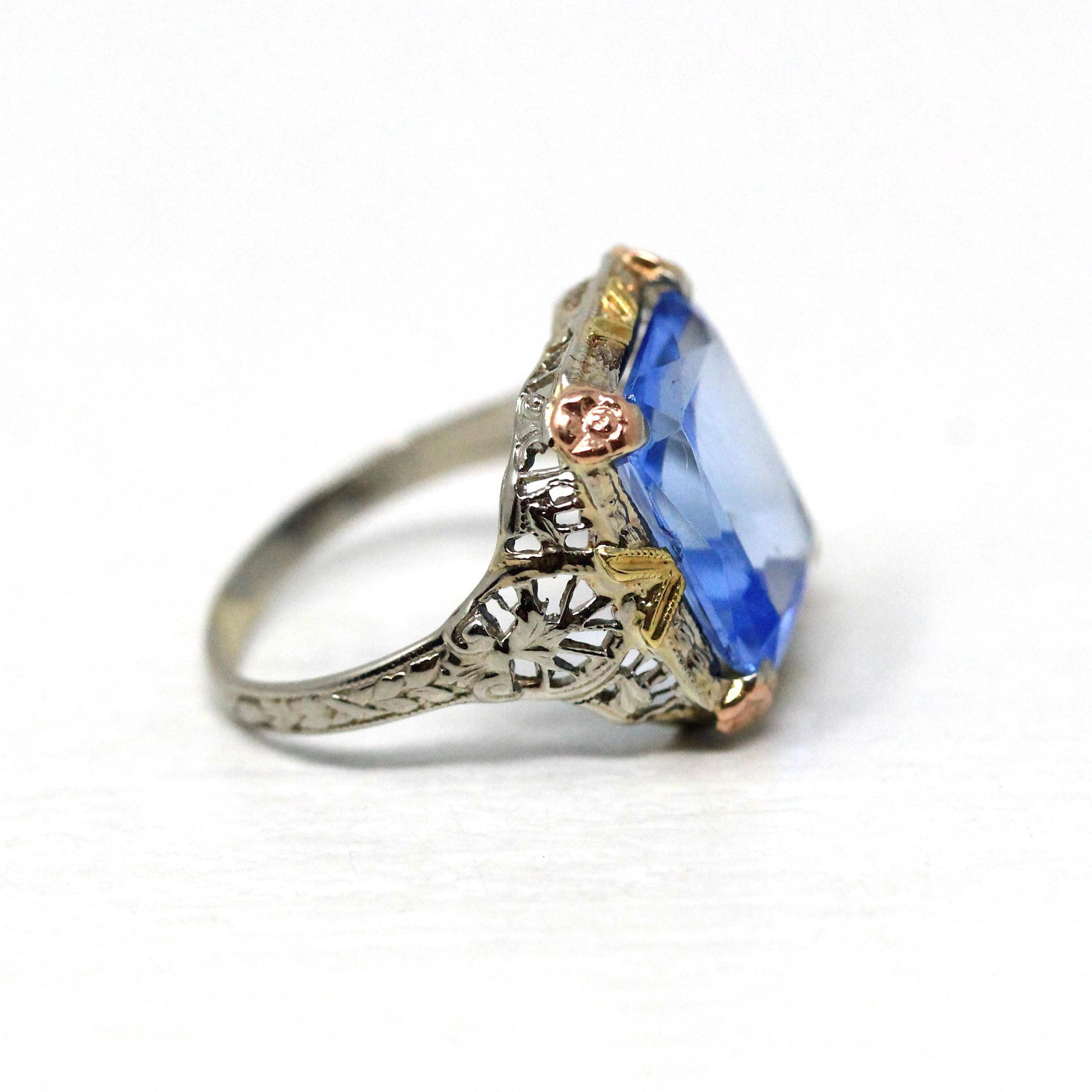 Antique Filigree Ring - Art Deco Era 10k Tri Color Gold Filigree Setting Simulated Sapphire Stone - Circa 1930s Size 5 1/2 Fine Jewelry