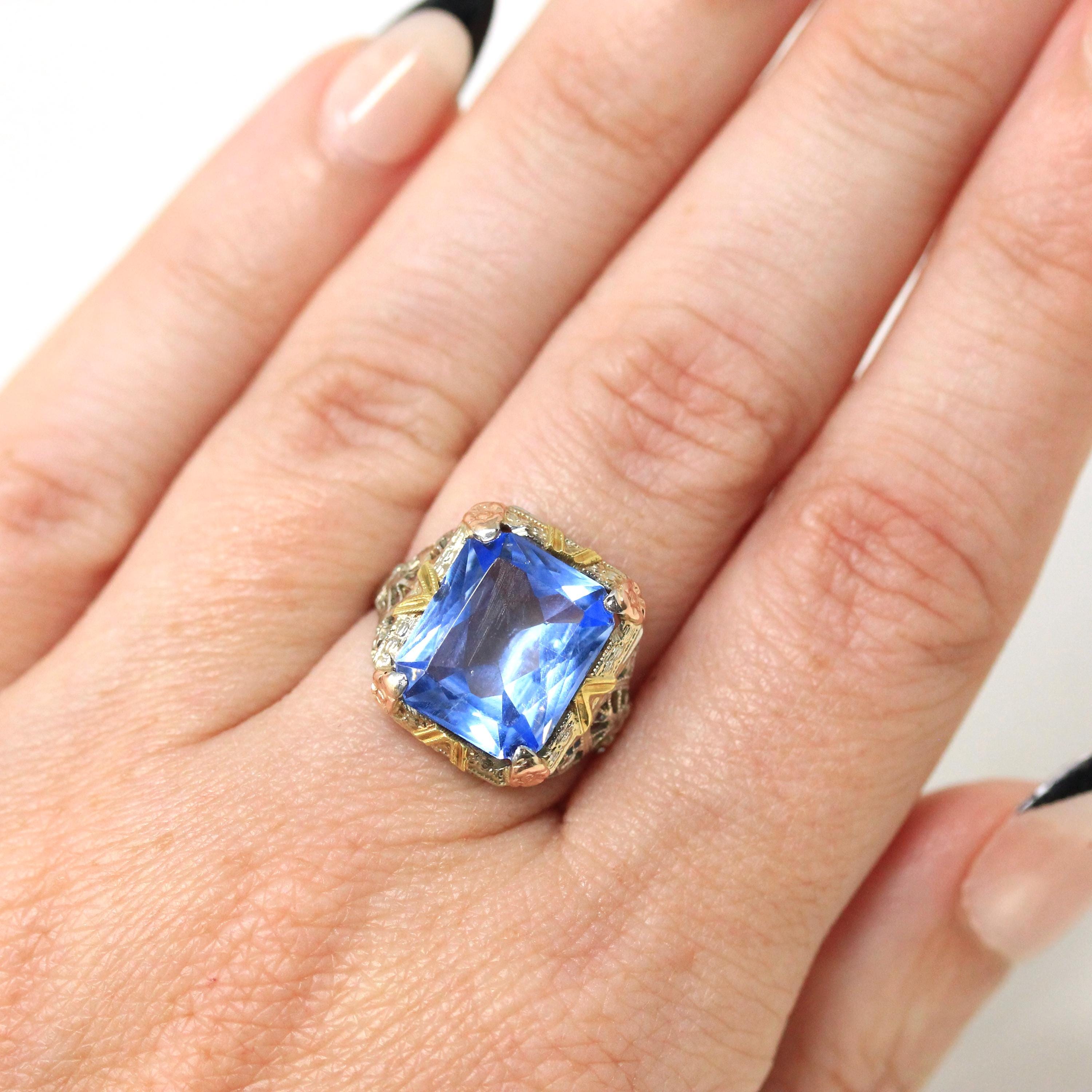 Antique Filigree Ring - Art Deco Era 10k Tri Color Gold Filigree Setting Simulated Sapphire Stone - Circa 1930s Size 5 1/2 Fine Jewelry