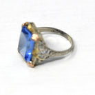 Antique Filigree Ring - Art Deco Era 10k Tri Color Gold Filigree Setting Simulated Sapphire Stone - Circa 1930s Size 5 1/2 Fine Jewelry