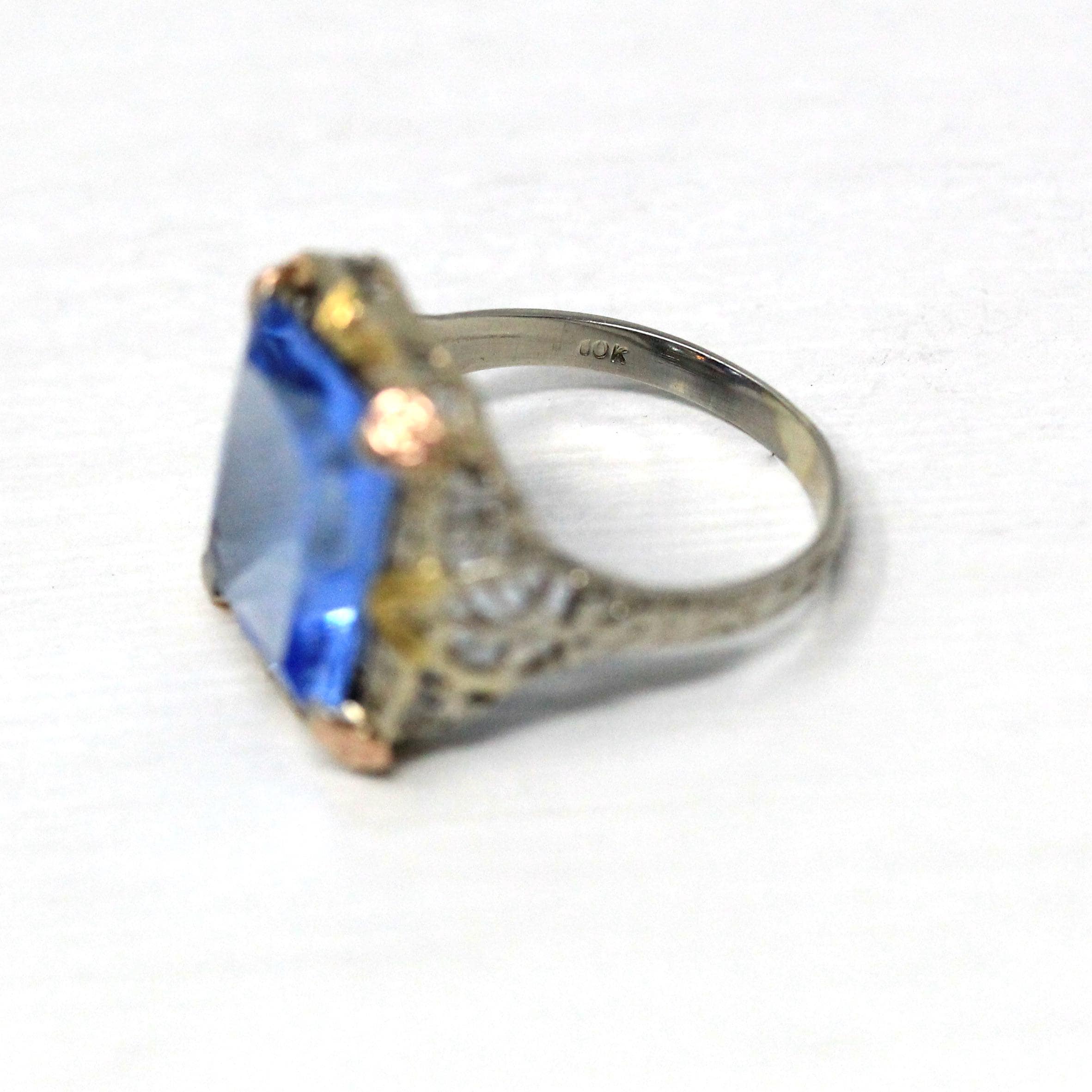 Antique Filigree Ring - Art Deco Era 10k Tri Color Gold Filigree Setting Simulated Sapphire Stone - Circa 1930s Size 5 1/2 Fine Jewelry