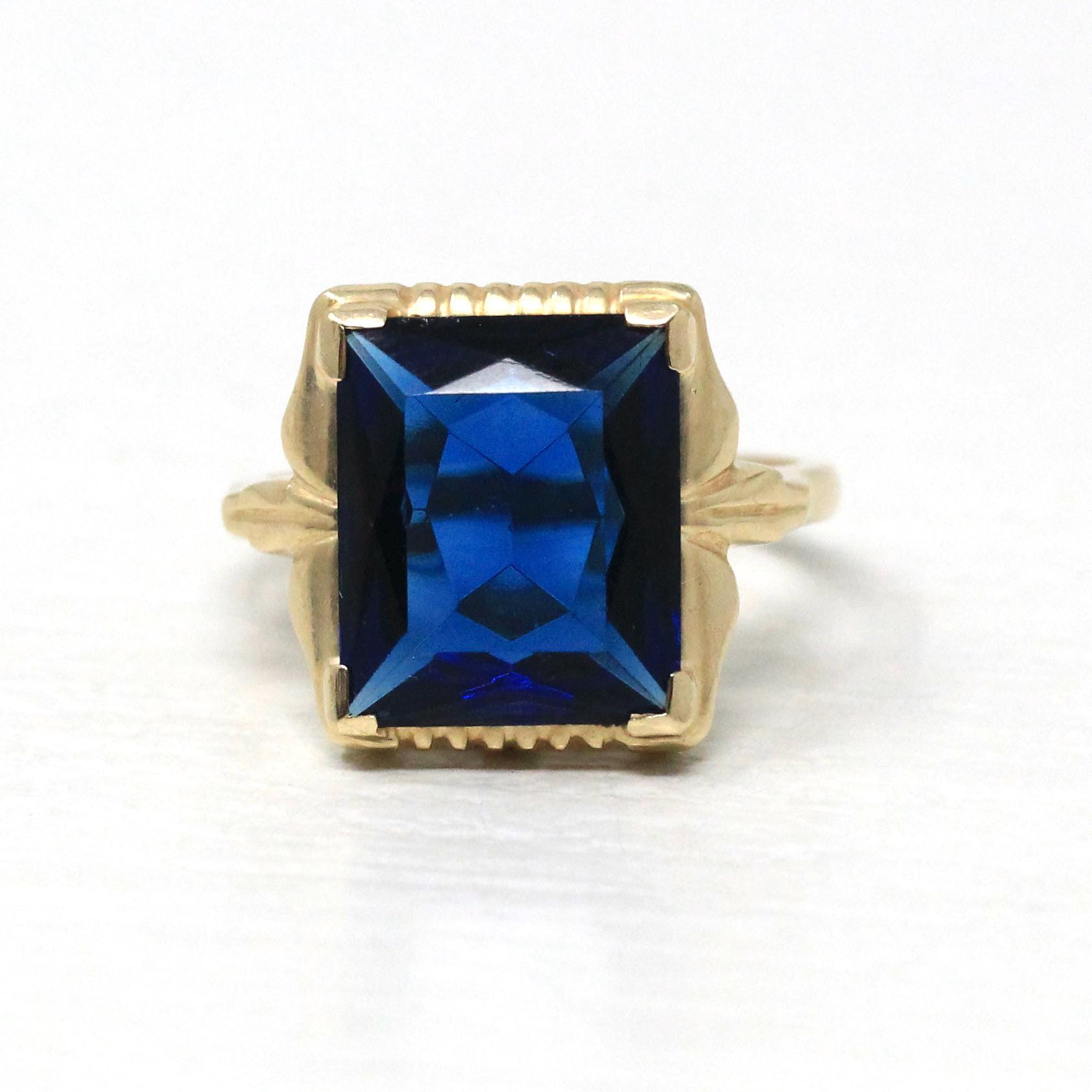 Simulated Sapphire Ring - Retro 10k Yellow Gold Rectangular Faceted Blue Glass Stone - Circa 1940s Era Size 5 3/4 Fine New Old Stock Jewelry