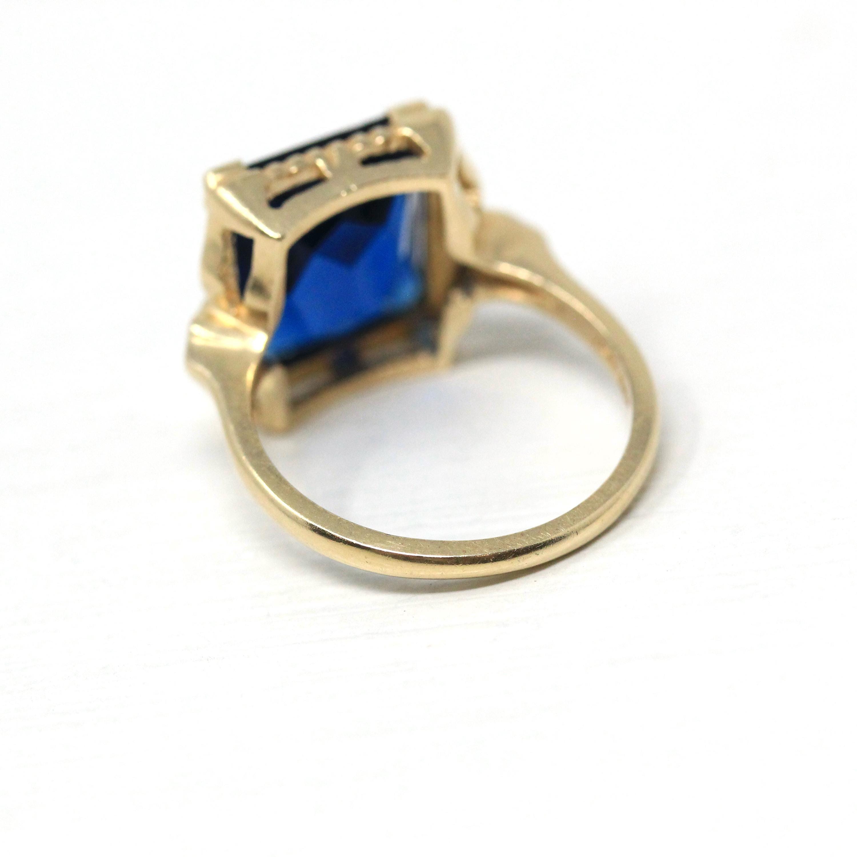 Simulated Sapphire Ring - Retro 10k Yellow Gold Rectangular Faceted Blue Glass Stone - Circa 1940s Era Size 5 3/4 Fine New Old Stock Jewelry